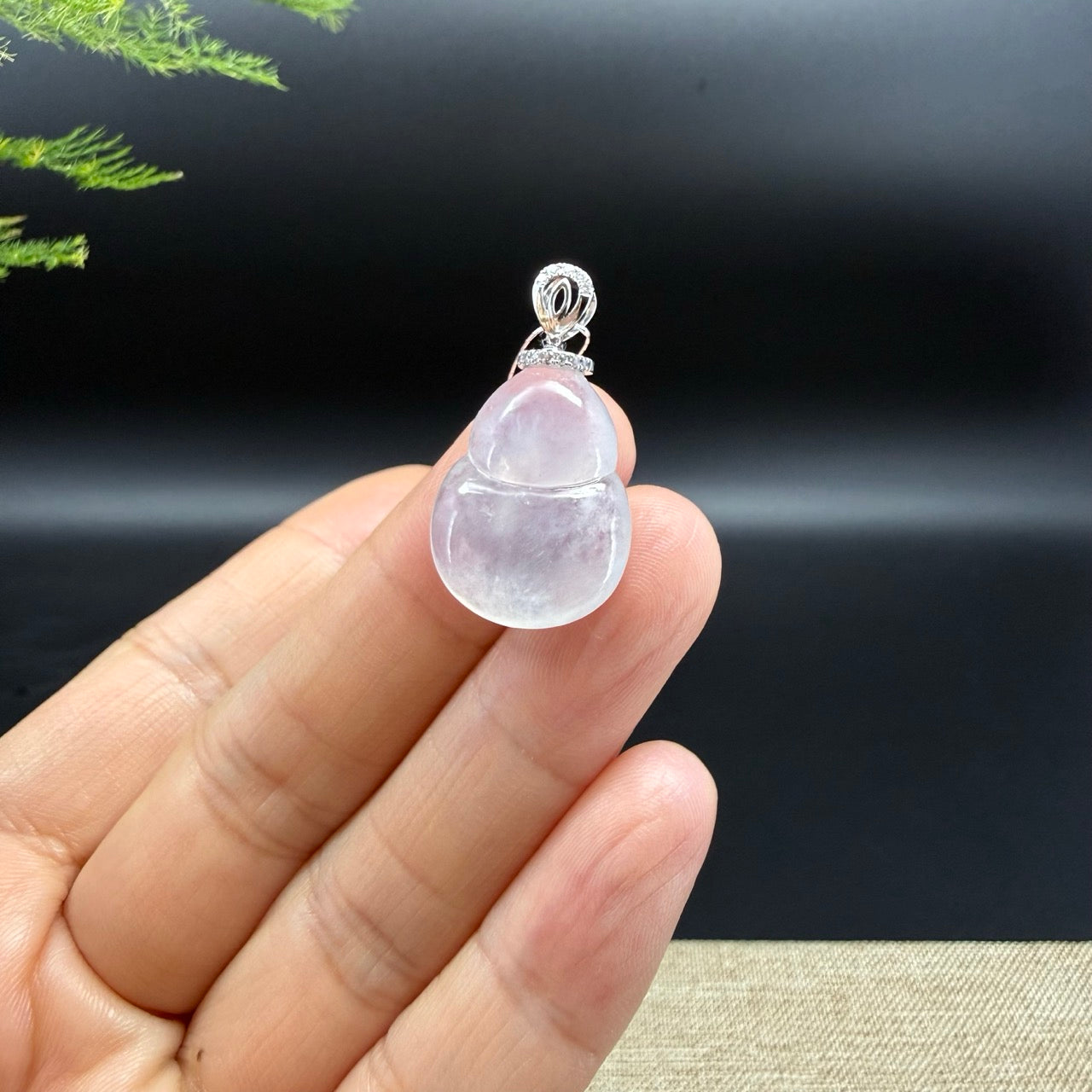 Genuine Icy Jadeite Jade Good Luck Hulu Necklace With 18K White Gold Diamonds Bail