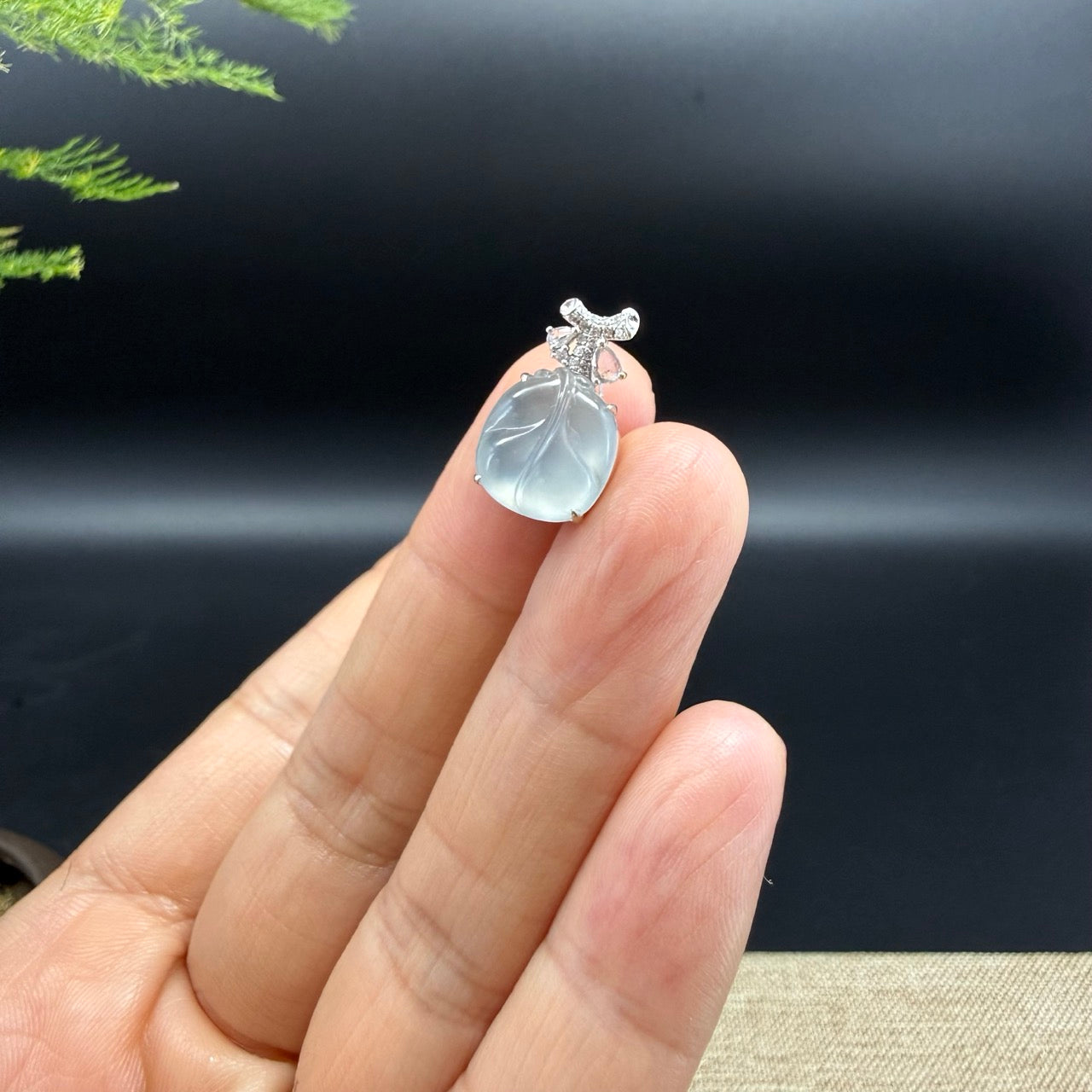 RealJade® Co. Genuine Icy Jadeite Jade Jin Zhi Yu Ye (Mini Leaf) Necklace With 18K White Gold Diamonds Bail
