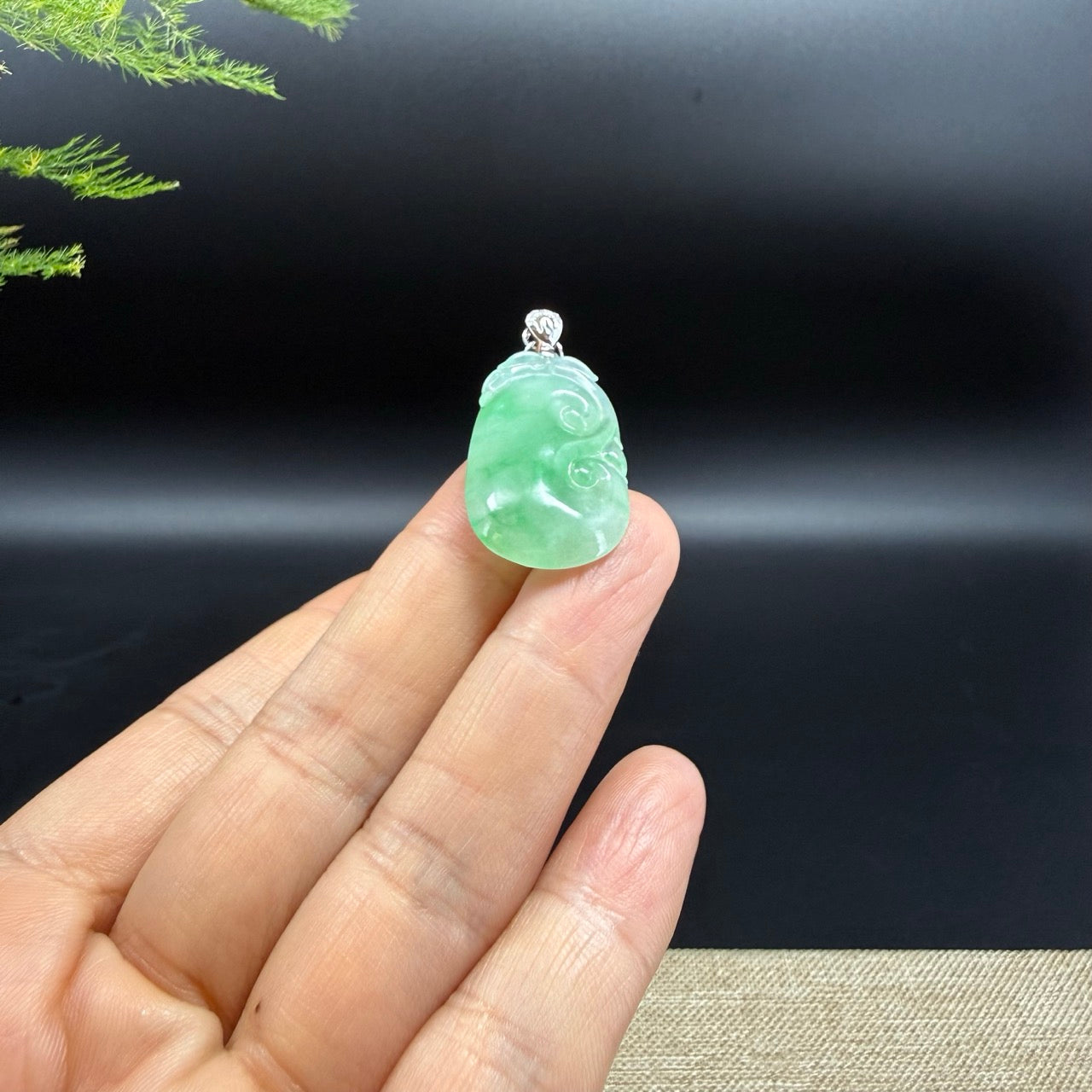 RealJade® Co. Genuine Green Jadeite Jade Good Luck RuYi Necklace With 18K White Gold Diamonds Bail