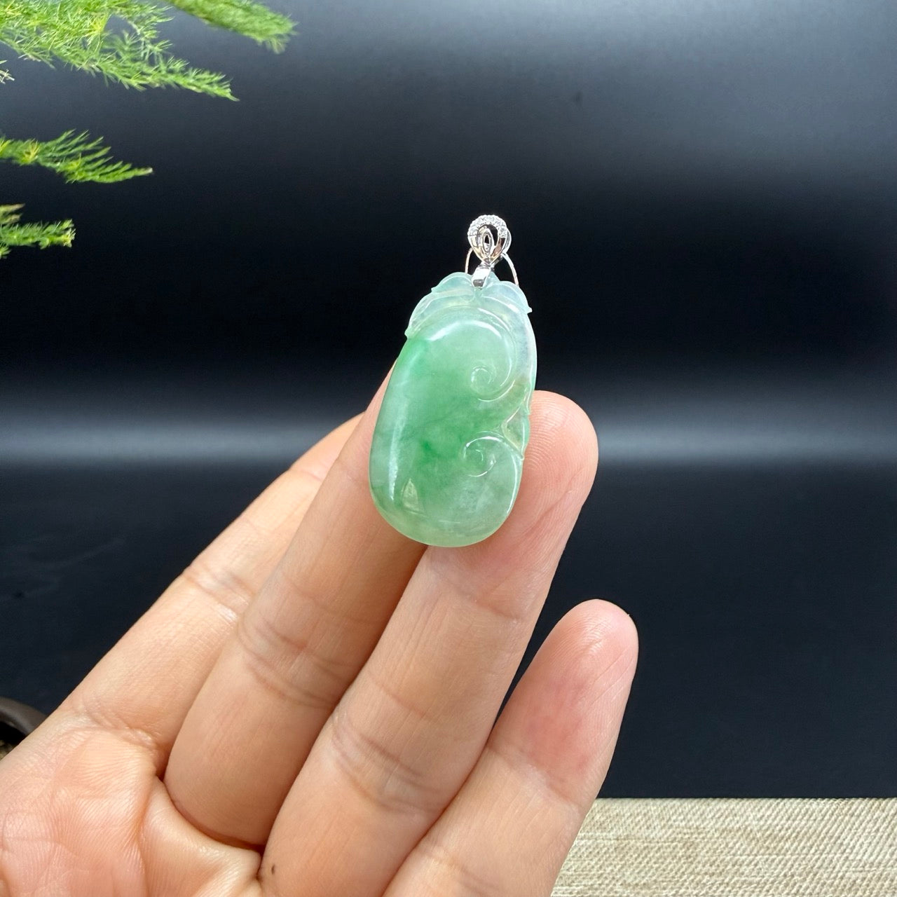 RealJade® Co. Genuine Green Jadeite Jade Good Luck RuYi Necklace With 18K White Gold Diamonds Bail