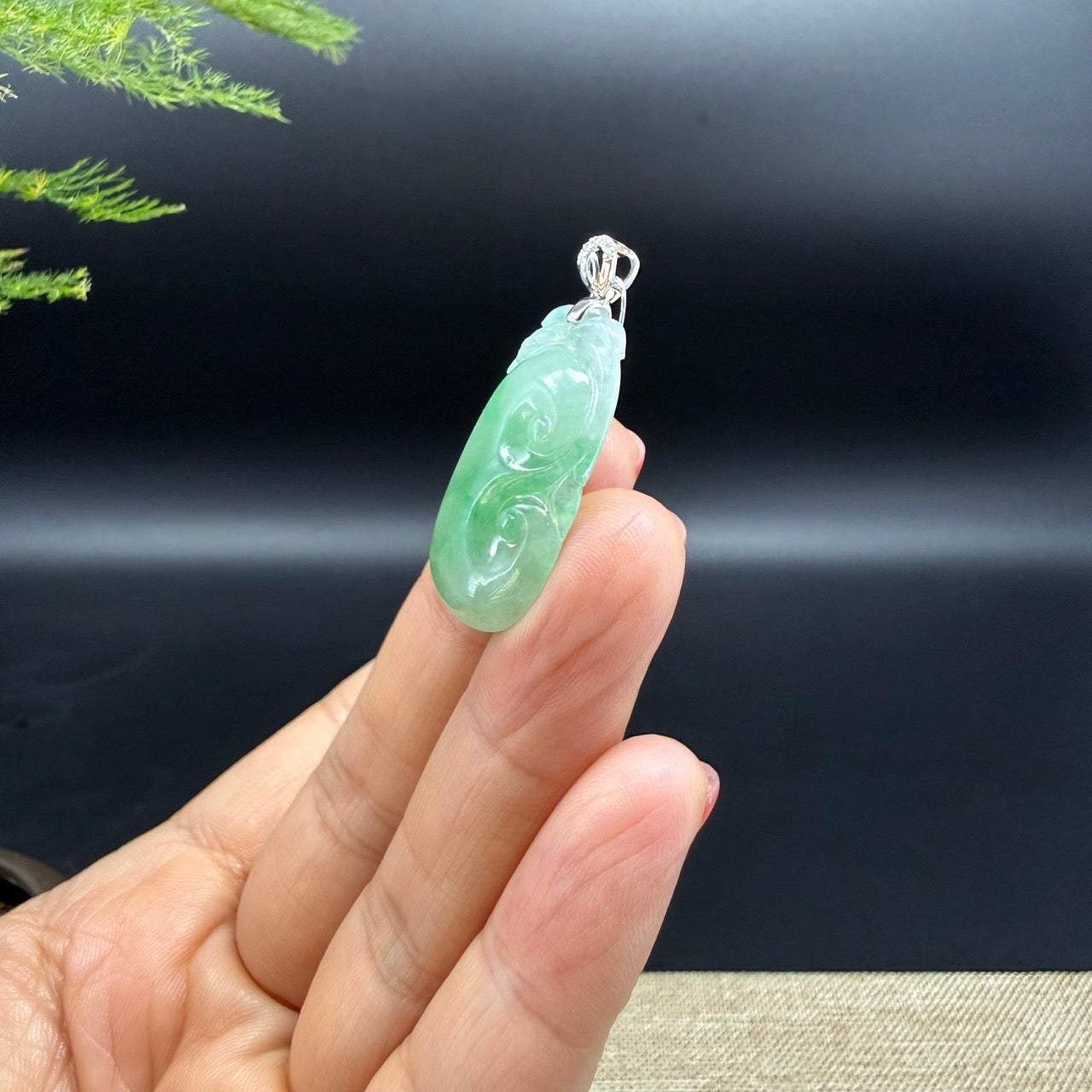 RealJade® Co. Genuine Green Jadeite Jade Good Luck RuYi Necklace With 18K White Gold Diamonds Bail