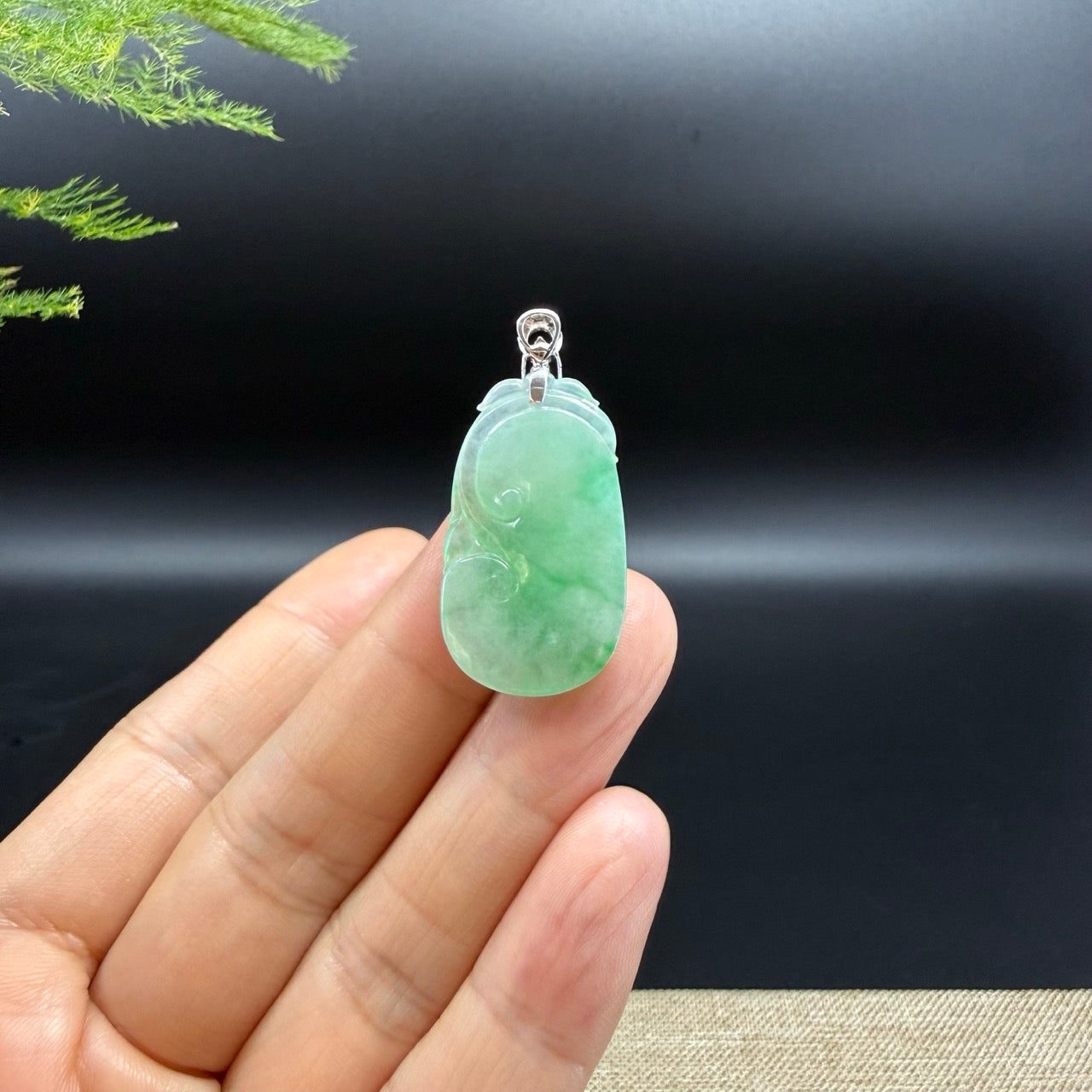 RealJade® Co. Genuine Green Jadeite Jade Good Luck RuYi Necklace With 18K White Gold Diamonds Bail