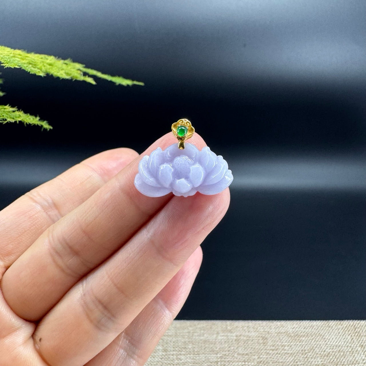 RealJade® Co. Genuine Lavender Jadeite Jade Good Lotus  Necklace With 18K Yellow Gold Bail