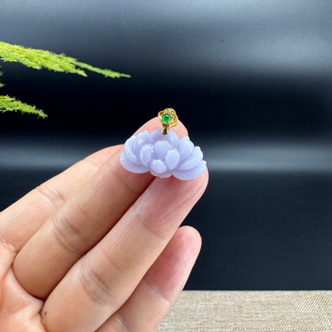 RealJade® Co. Genuine Lavender Jadeite Jade Good Lotus  Necklace With 18K Yellow Gold Bail