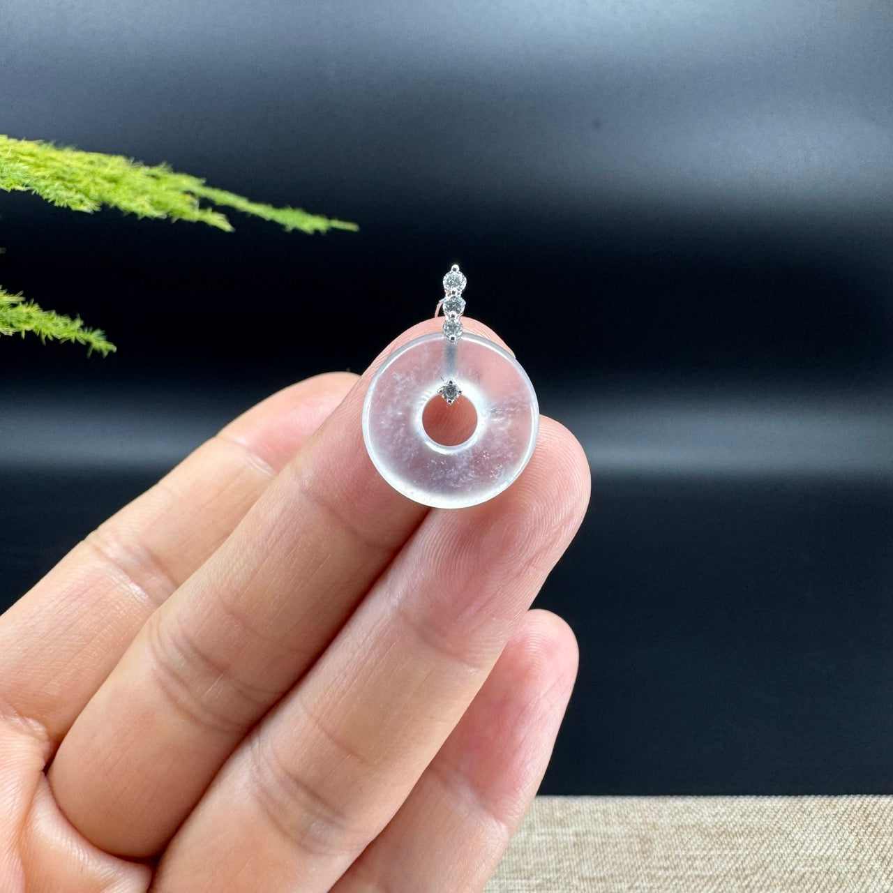 "Good Luck Button" Icy Jadeite Jade Lucky KouKou Pendant With 18K White Gold Bail