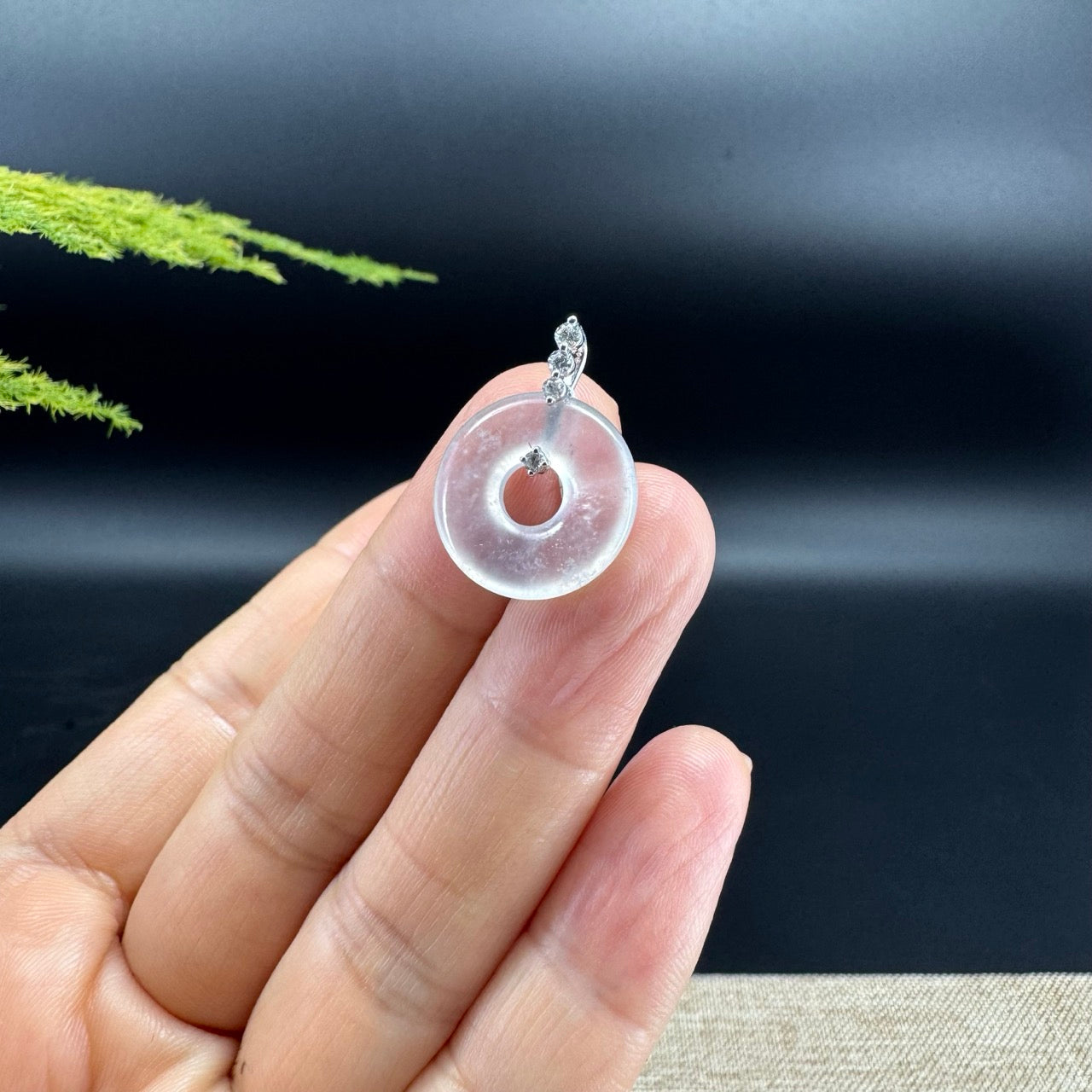 "Good Luck Button" Icy Jadeite Jade Lucky KouKou Pendant With 18K White Gold Bail