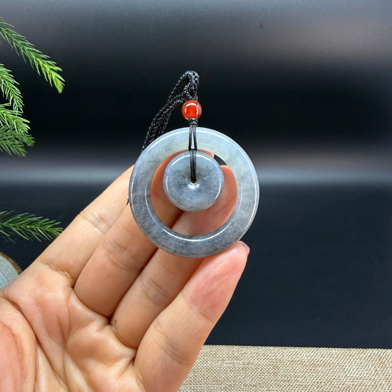 "Good Luck Button" Black Wuji Jadeite Jade Lucky KouKou Pendant