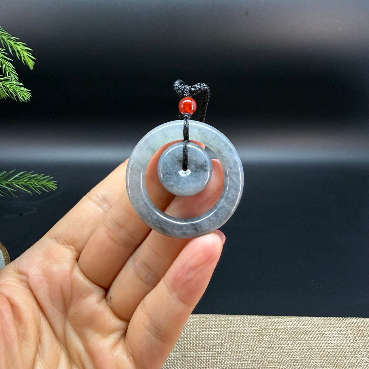 "Good Luck Button" Black Wuji Jadeite Jade Lucky KouKou Pendant