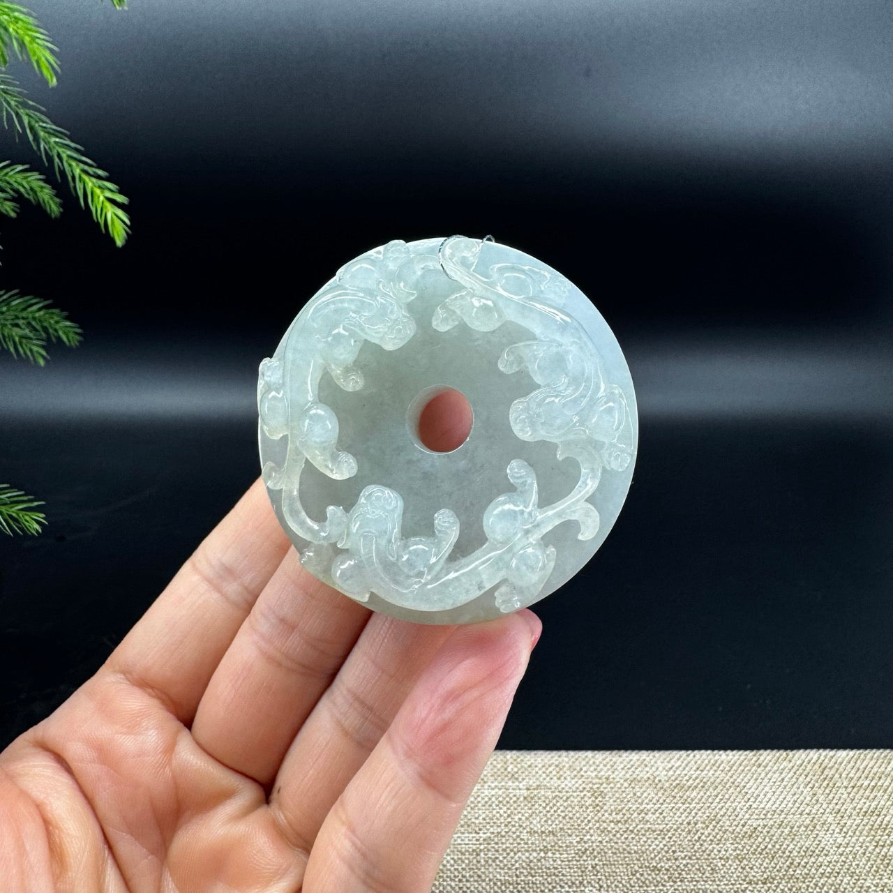 RealJade® Co. Natural Light Green Jadeite Jade Dragons Round Pendant
