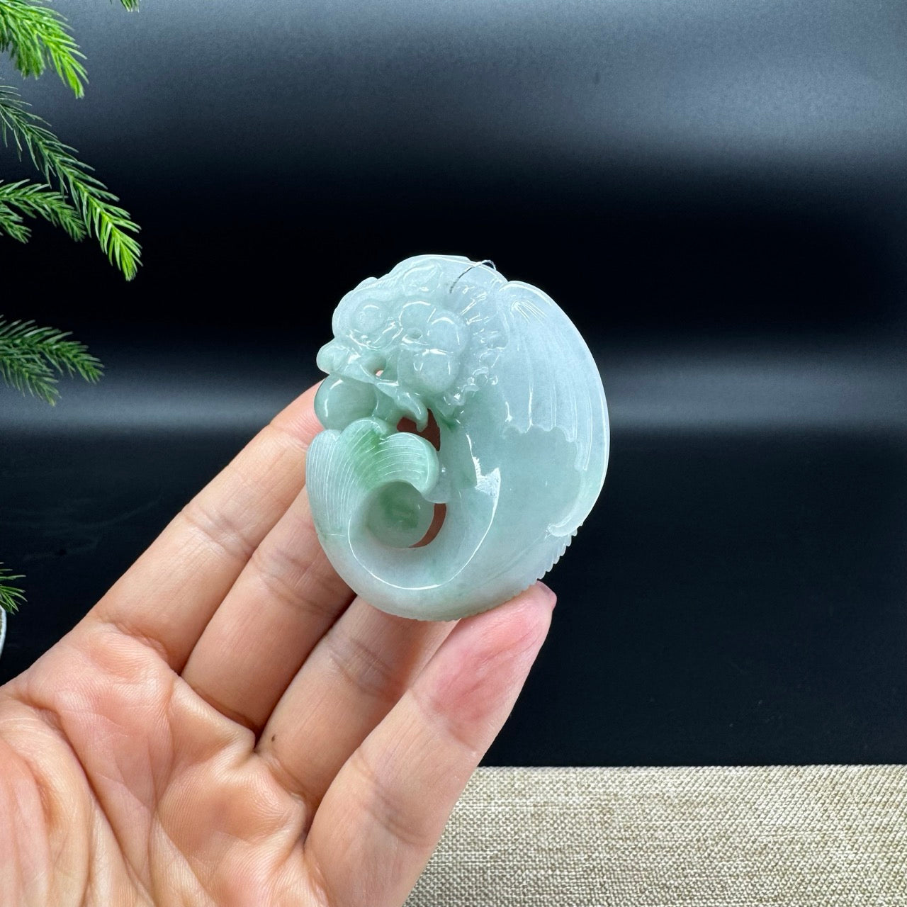 RealJade® Co. Natural White Green Jadeite Jade Dragonfish Pendant
