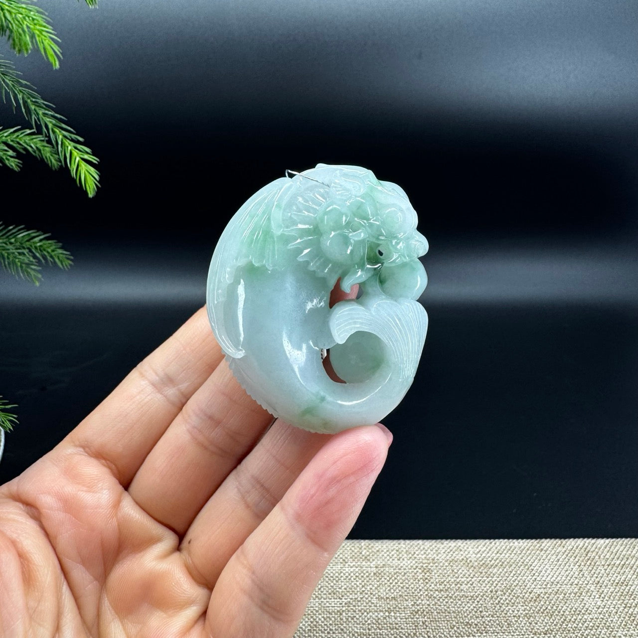 RealJade® Co. Natural White Green Jadeite Jade Dragonfish Pendant