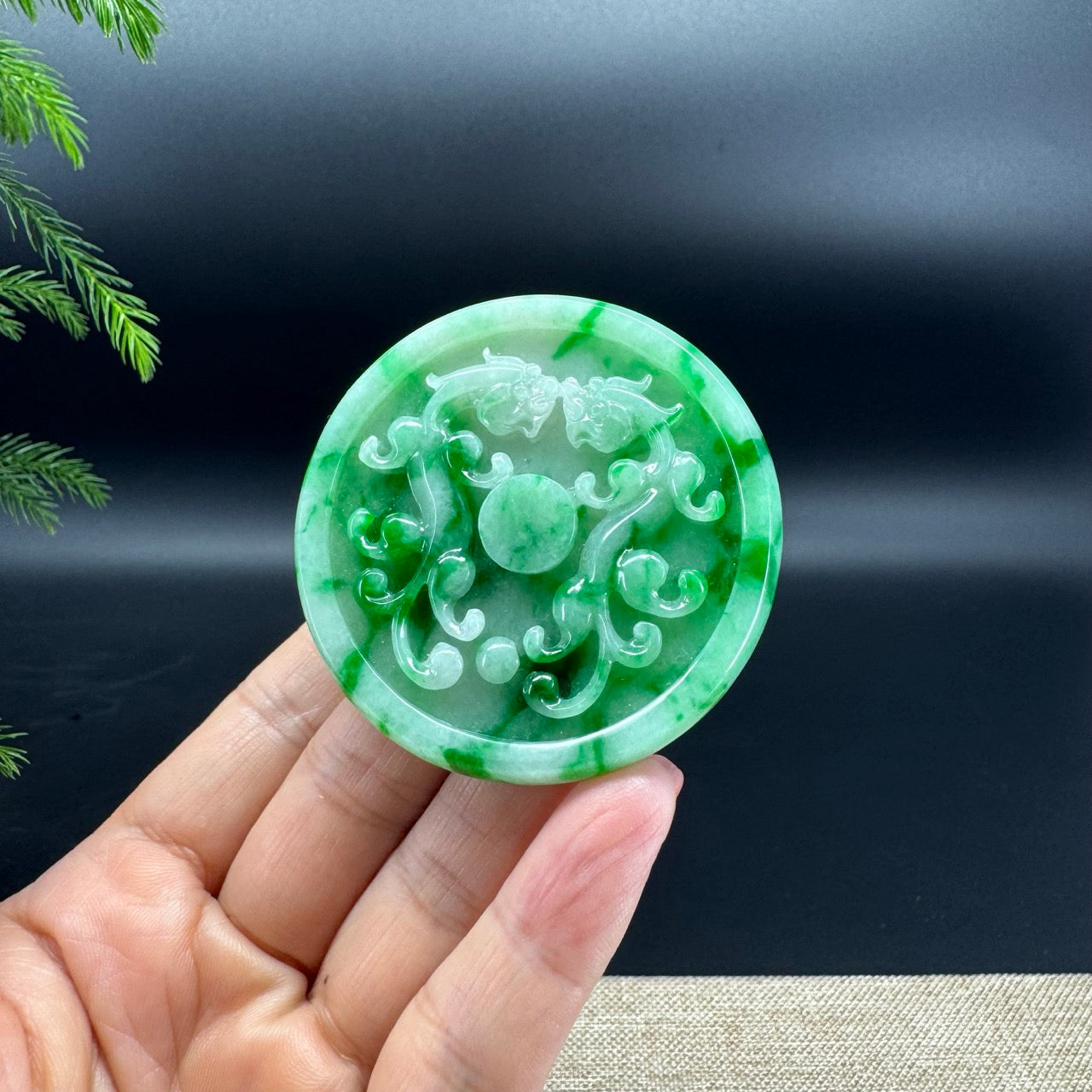 RealJade® Co. High Natural Spicy Green Jadeite Jade Double Dragon Round Pendant