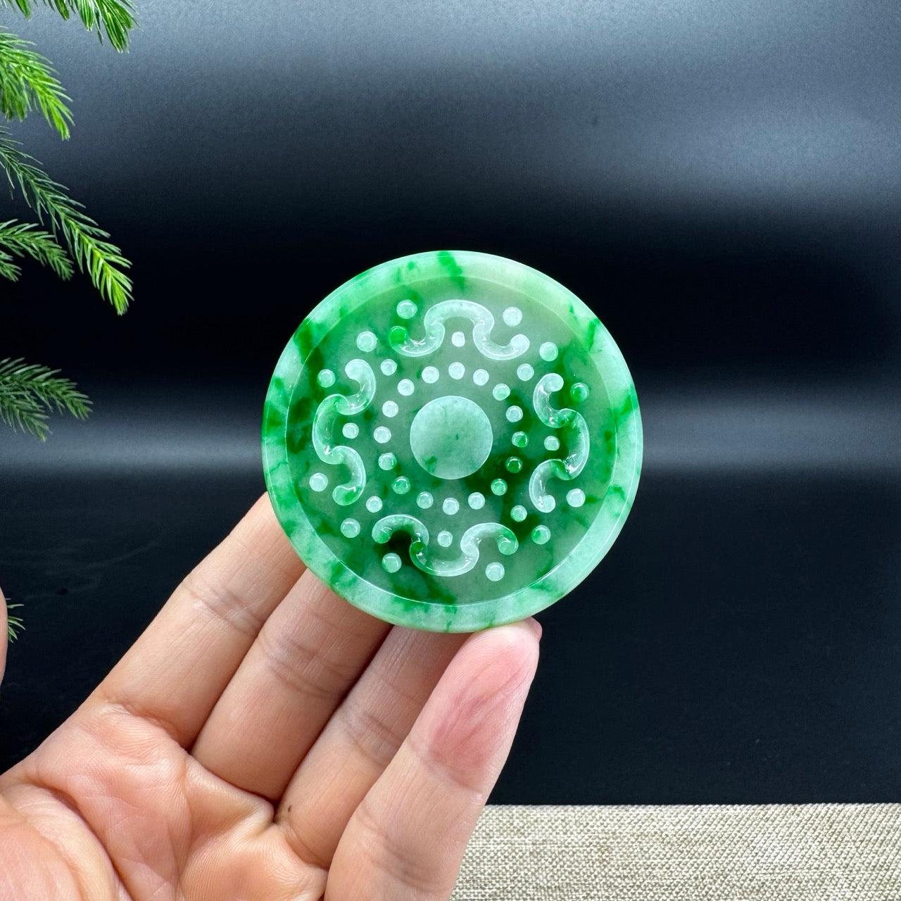 RealJade® Co. High Natural Spicy Green Jadeite Jade Double Dragon Round Pendant