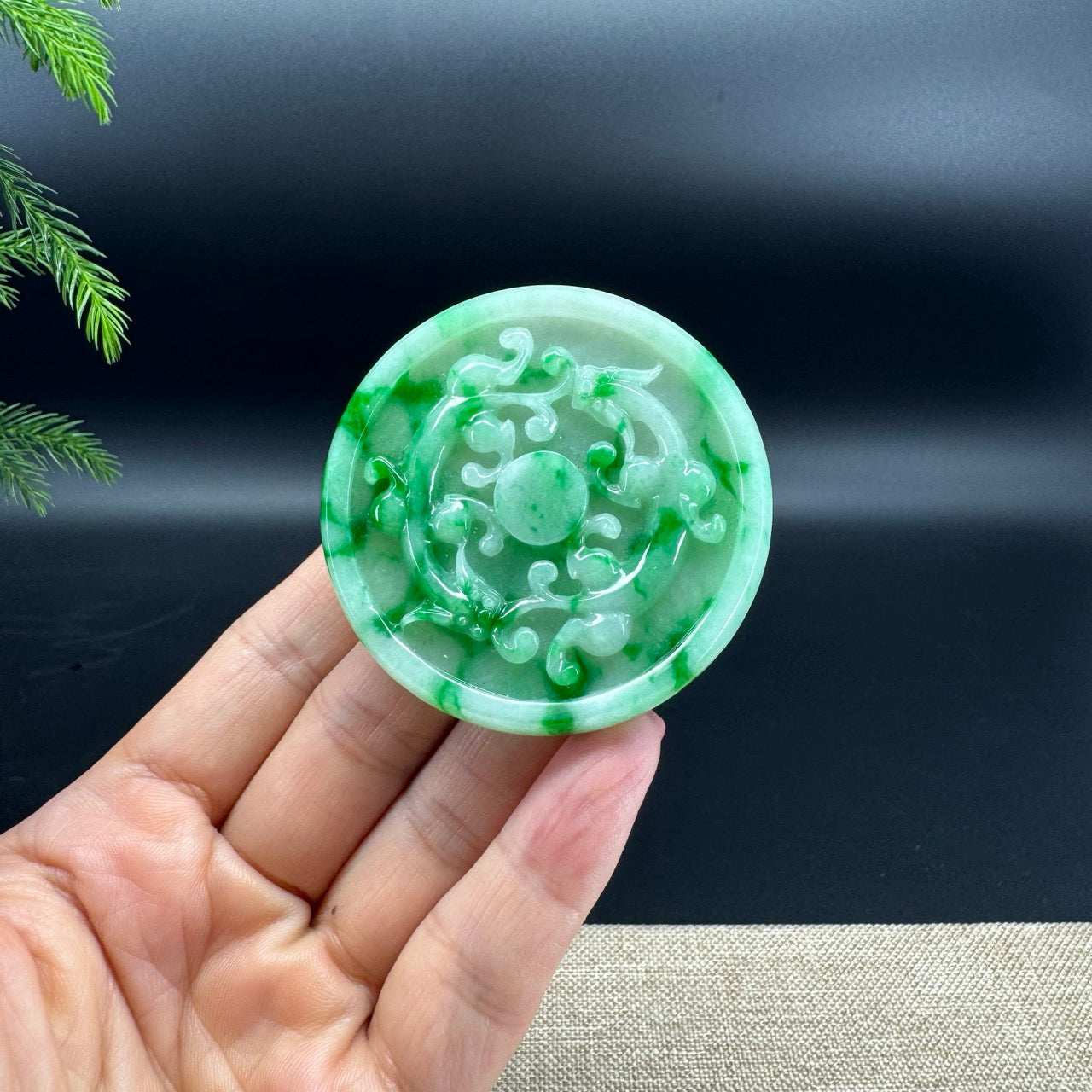 RealJade® Co. High Natural Spicy Green Jadeite Jade Double Dragon Round Pendant