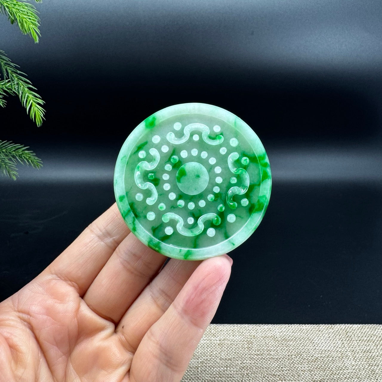 RealJade® Co. High Natural Spicy Green Jadeite Jade Double Dragon Round Pendant