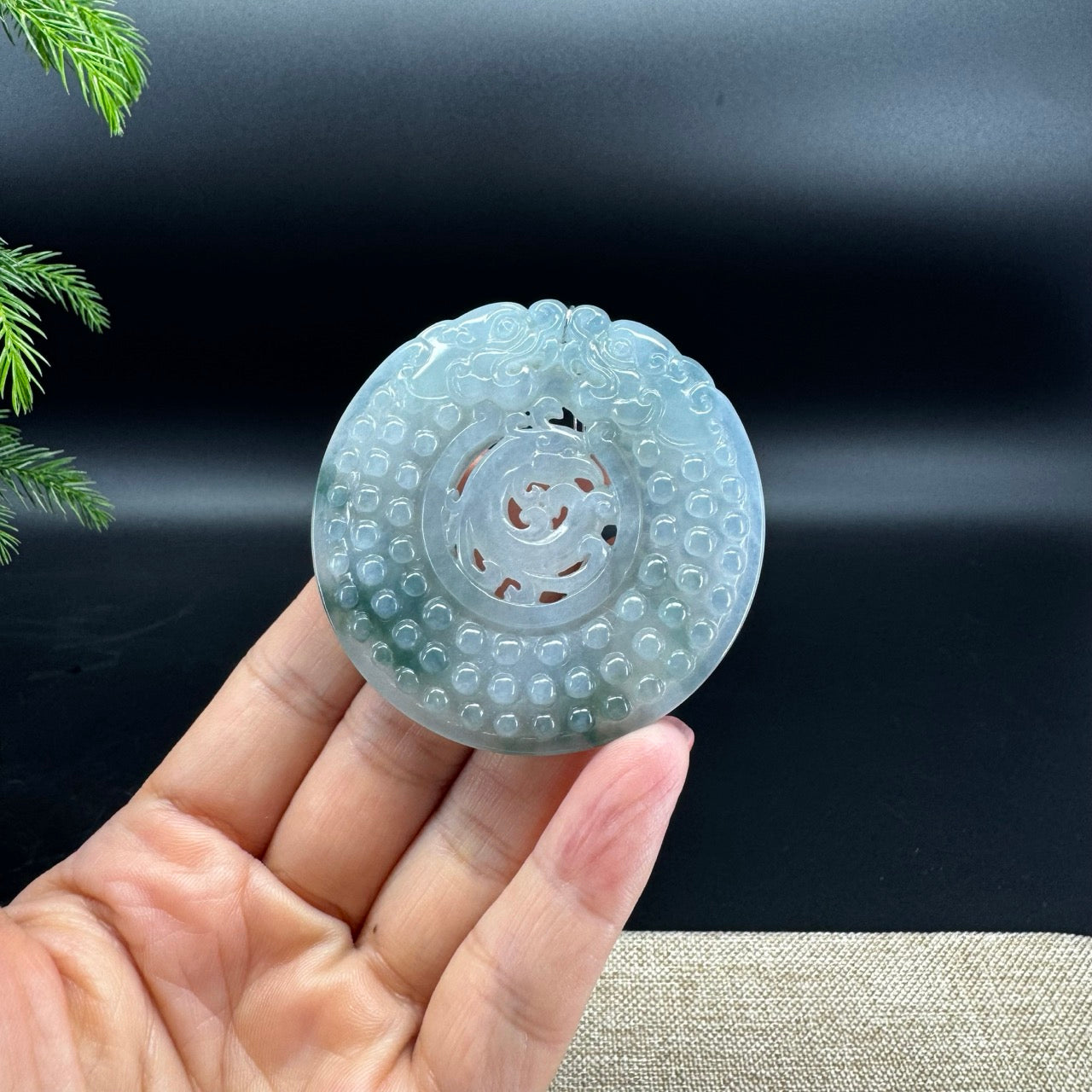 RealJade® Co. Natural Icy Blue Jadeite Jade Dragons Round Pendant