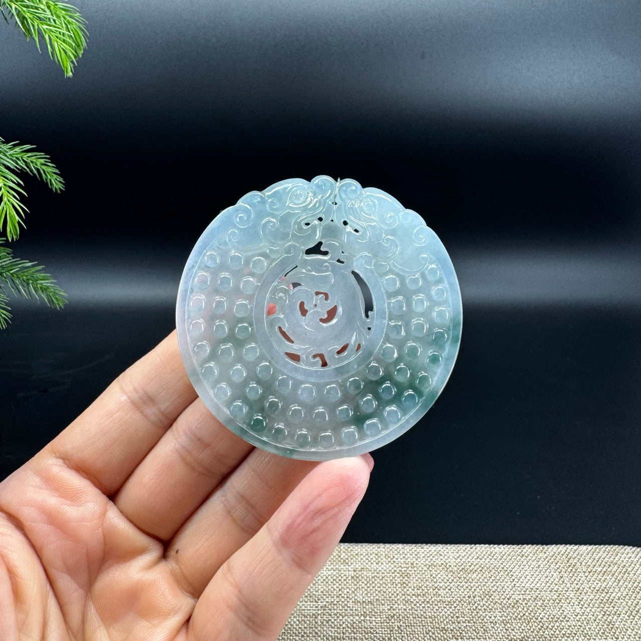 RealJade® Co. Natural Icy Blue Jadeite Jade Dragons Round Pendant