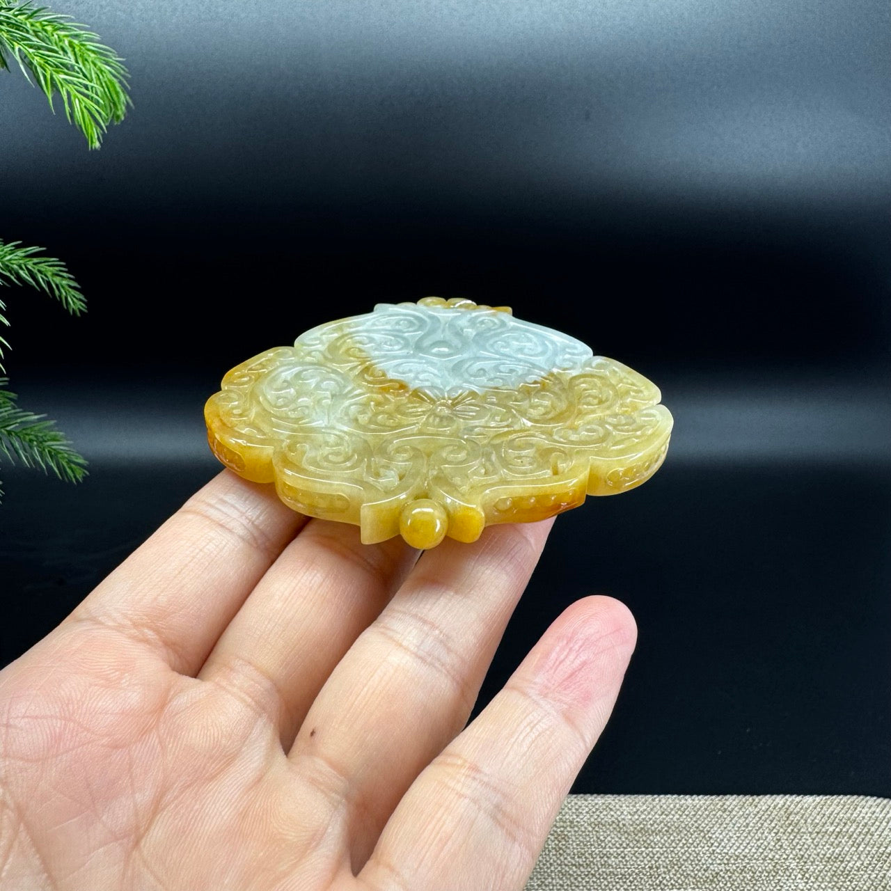 RealJade® Co. Natural Yellow Jadeite Jade Flower Pendant