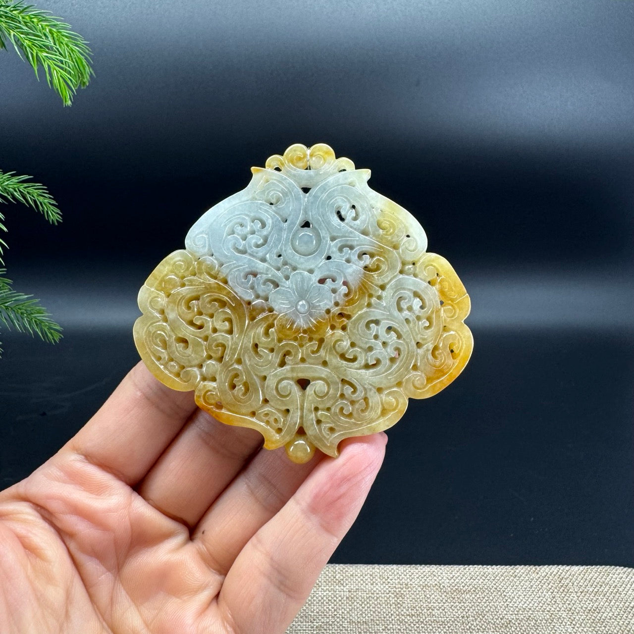 RealJade® Co. Natural Yellow Jadeite Jade Flower Pendant