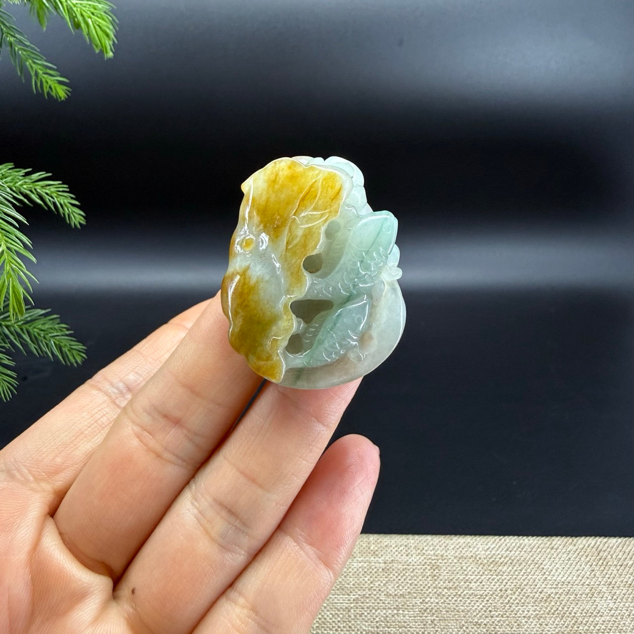 RealJade® Co.Natural Yellow Green Jadeite Jade Fishes & Lotus Pendant