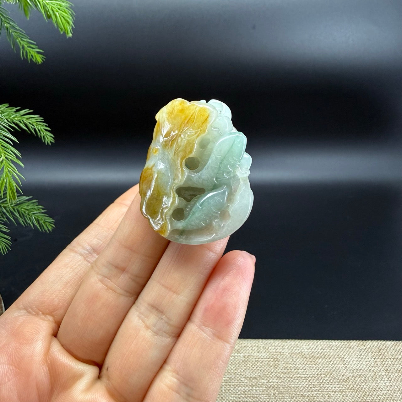 RealJade® Co.Natural Yellow Green Jadeite Jade Fishes & Lotus Pendant
