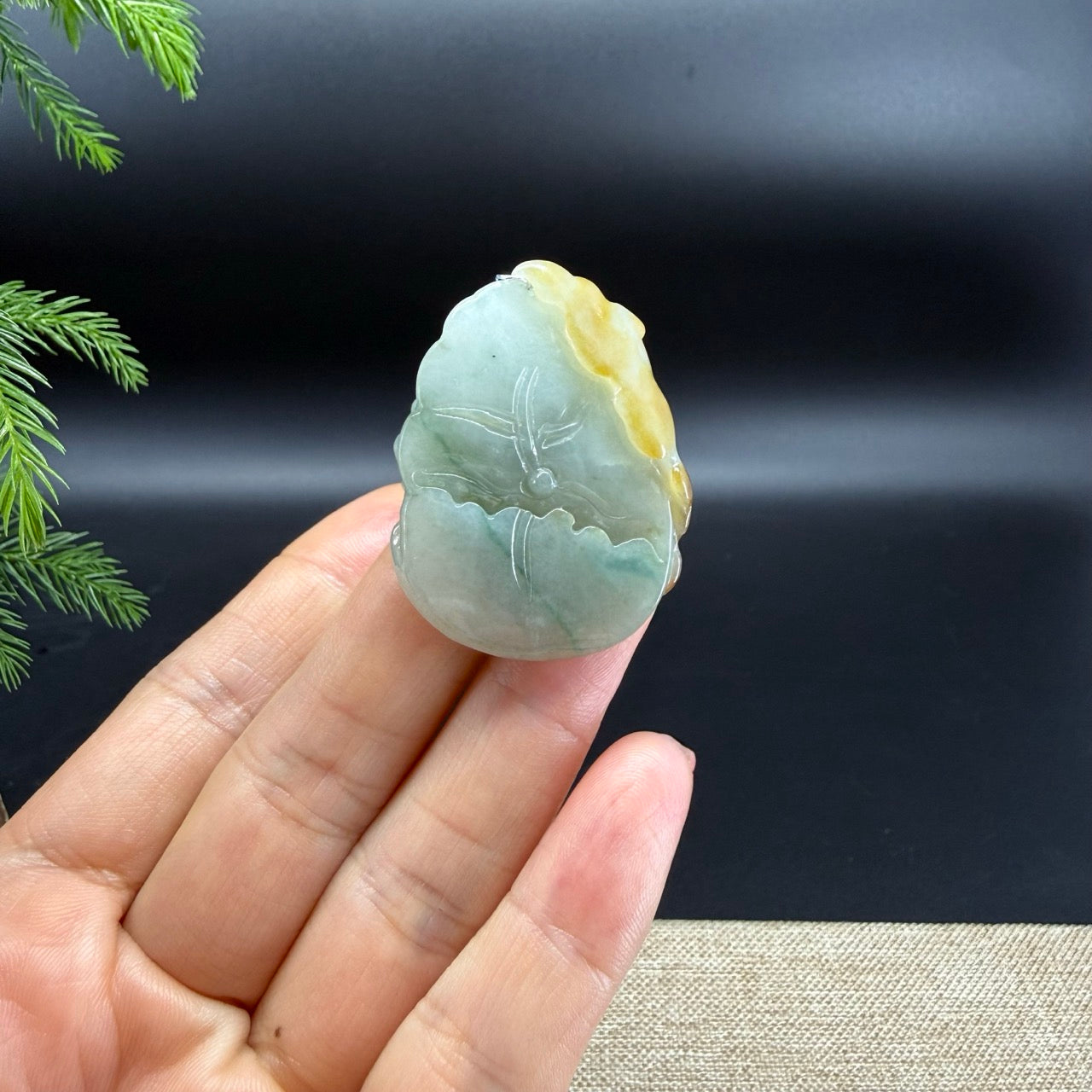 RealJade® Co.Natural Yellow Green Jadeite Jade Fishes & Lotus Pendant