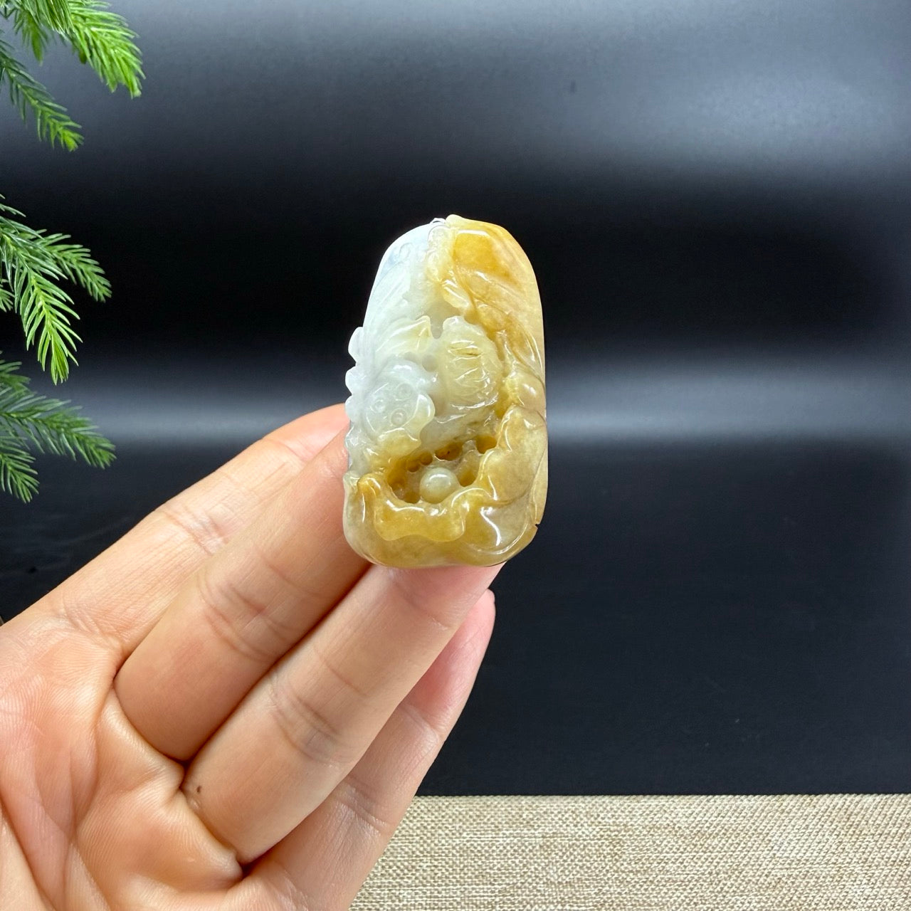 RealJade® Co.Natural White Yellow Jadeite Jade Fish & Lotus Pendant