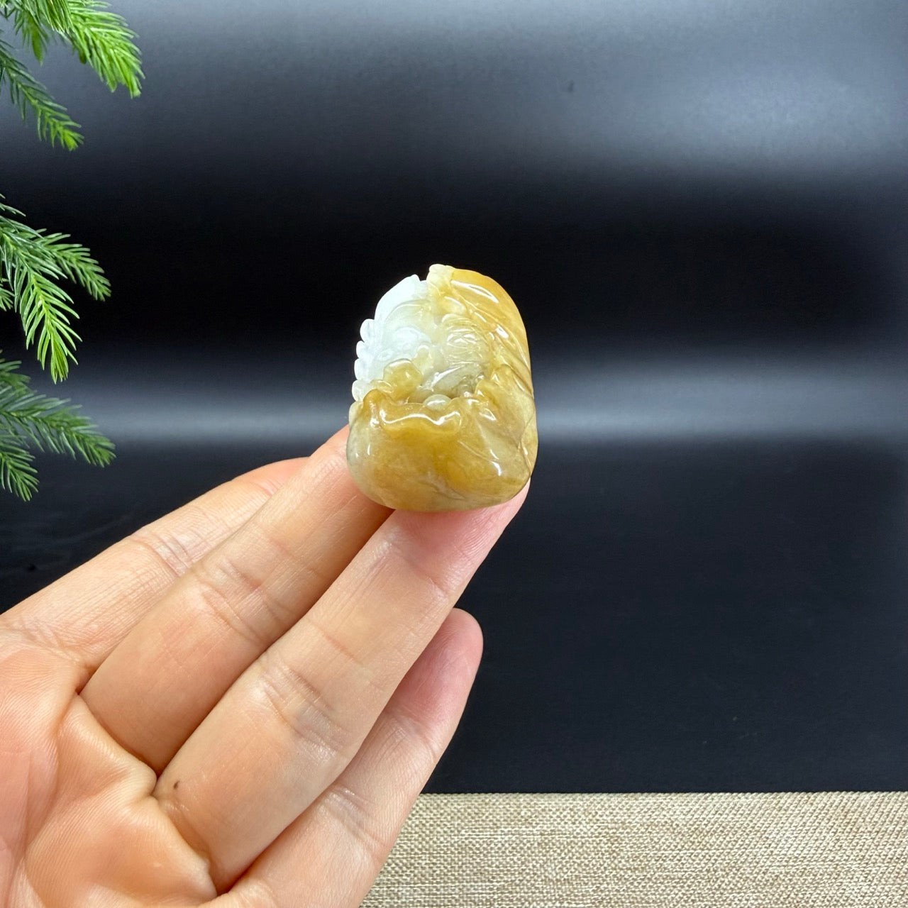 RealJade® Co.Natural White Yellow Jadeite Jade Fish & Lotus Pendant