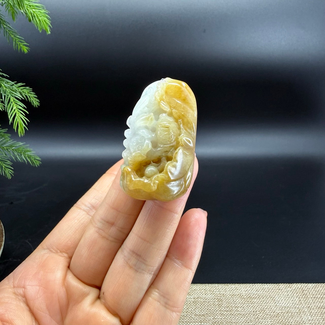 RealJade® Co.Natural White Yellow Jadeite Jade Fish & Lotus Pendant