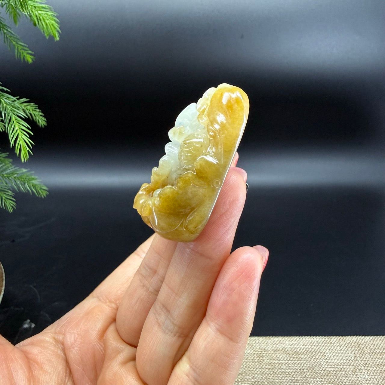 RealJade® Co.Natural White Yellow Jadeite Jade Fish & Lotus Pendant