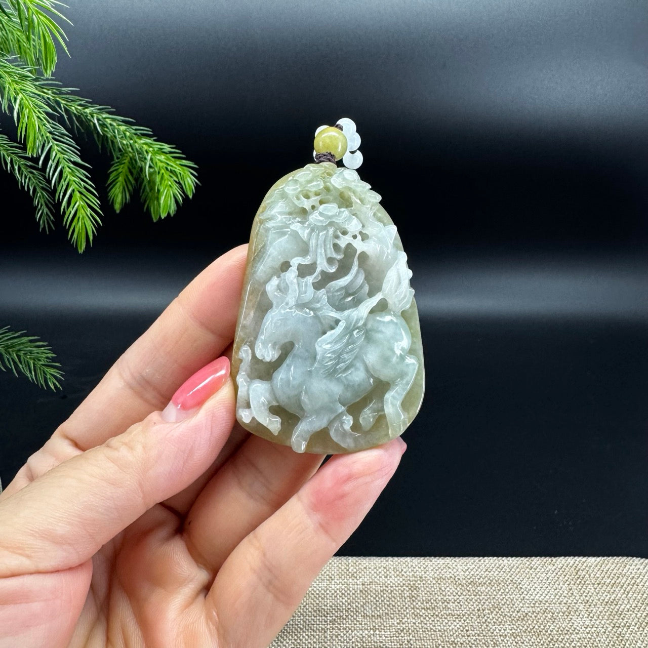 RealJade® Co.Natural White Yellow Jadeite Jade Horse Pendant