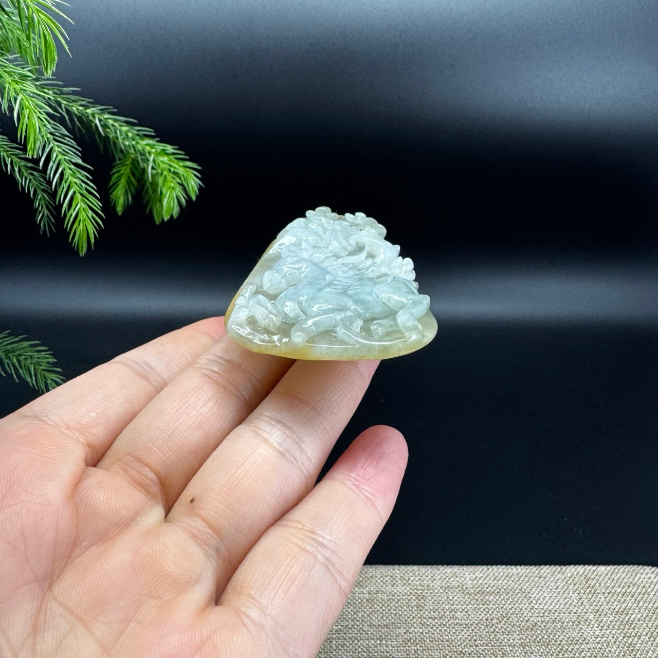 RealJade® Co.Natural White Yellow Jadeite Jade Horse Pendant