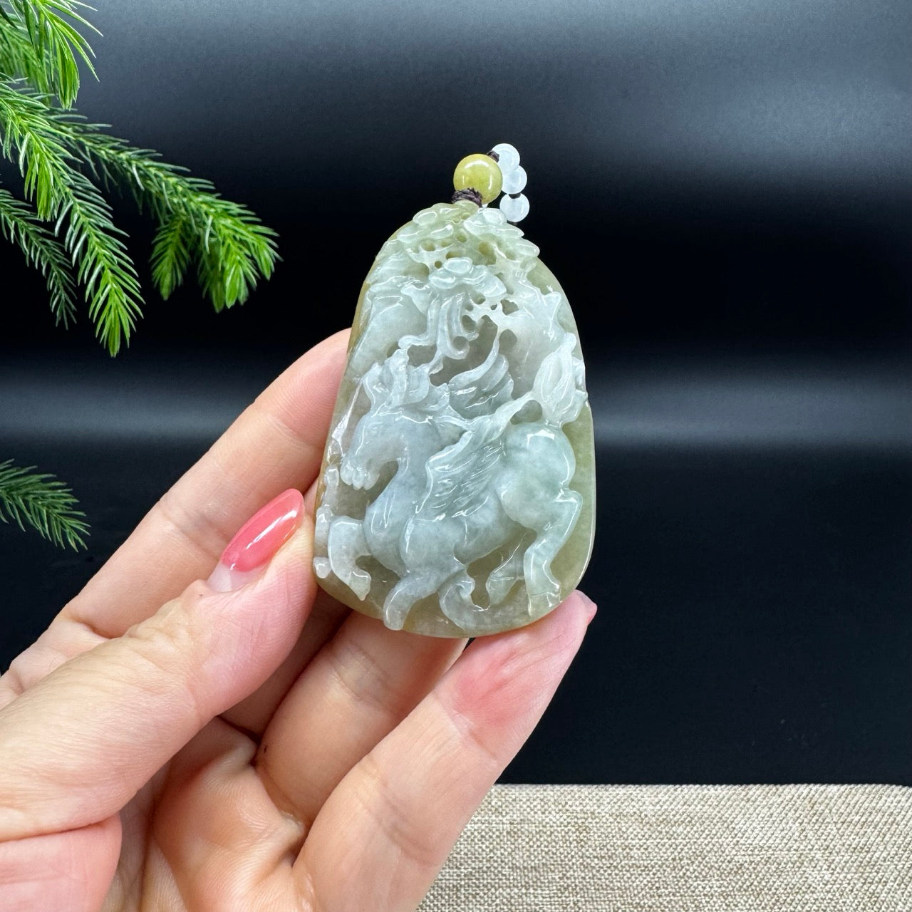 RealJade® Co.Natural White Yellow Jadeite Jade Horse Pendant