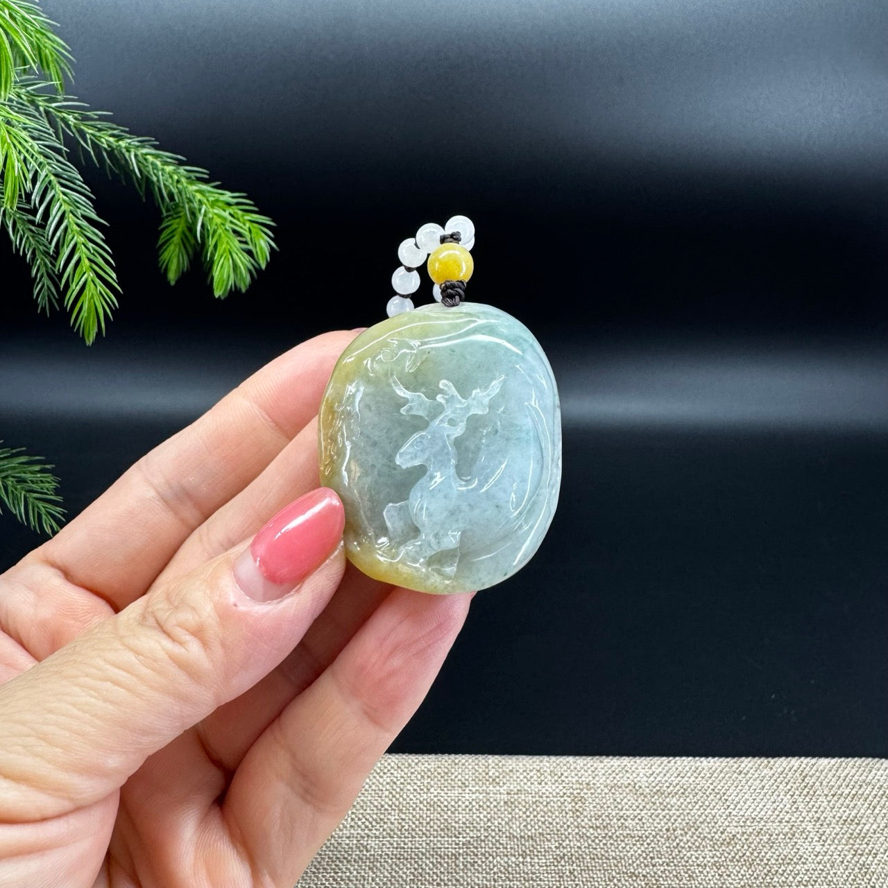 RealJade® Co.Natural Yellow Blue Green Jadeite Jade Sika Deer Pendant