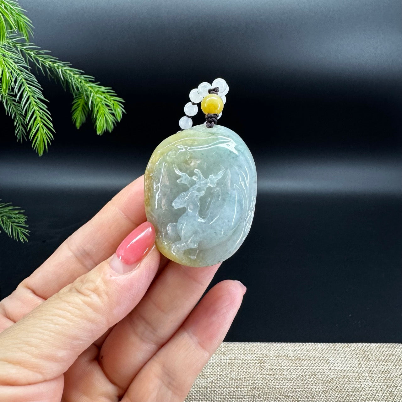 RealJade® Co.Natural Yellow Blue Green Jadeite Jade Sika Deer Pendant