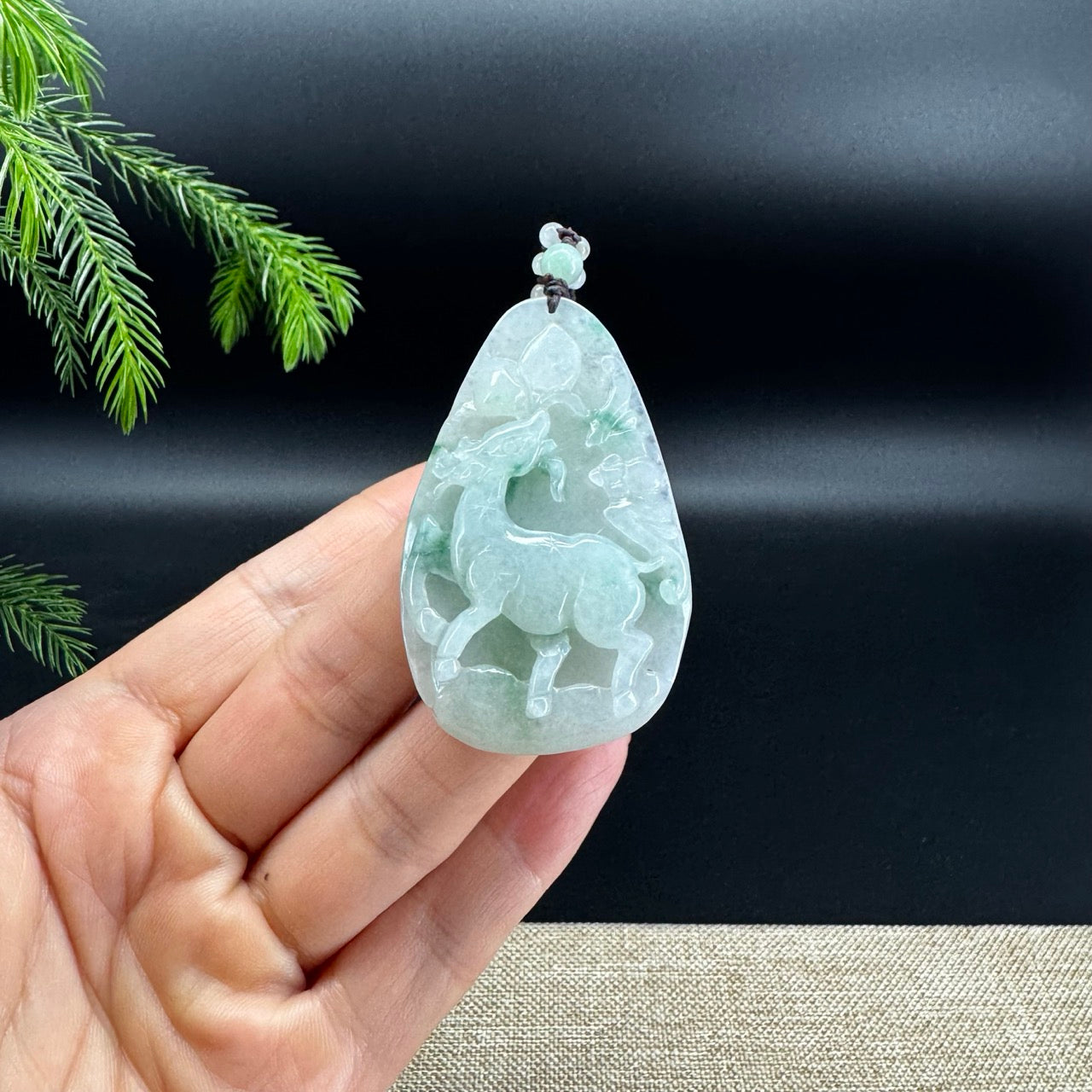 RealJade® Co.Natural Green Flowers Jadeite Jade Sika Deer Pendant
