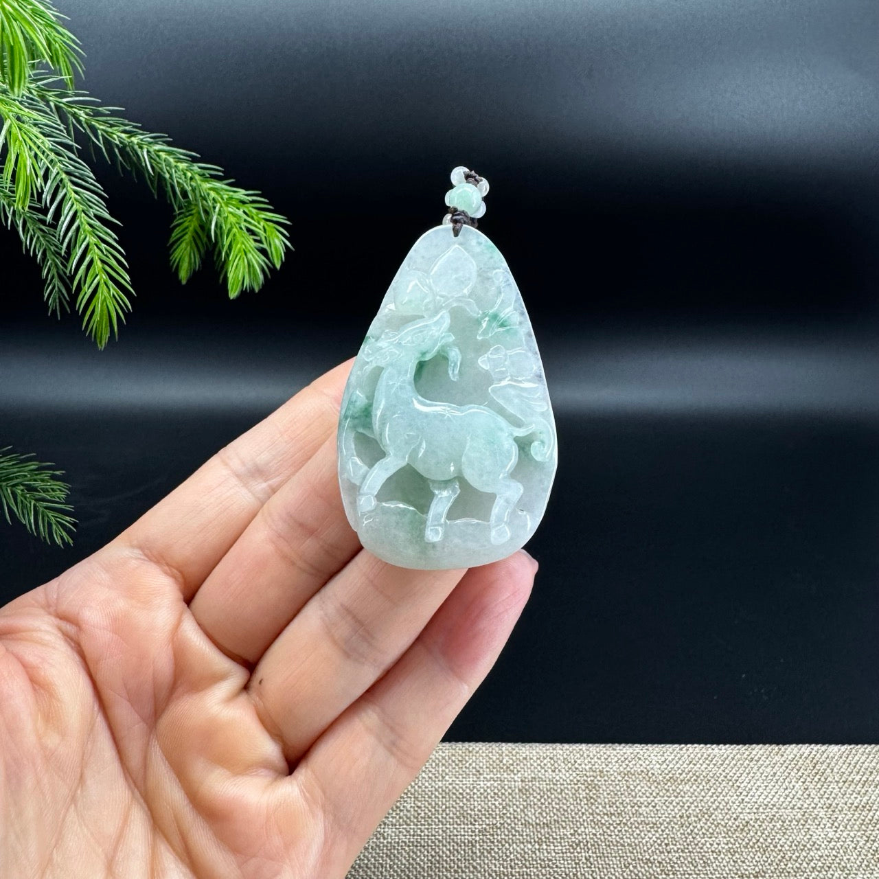 RealJade® Co.Natural Green Flowers Jadeite Jade Sika Deer Pendant