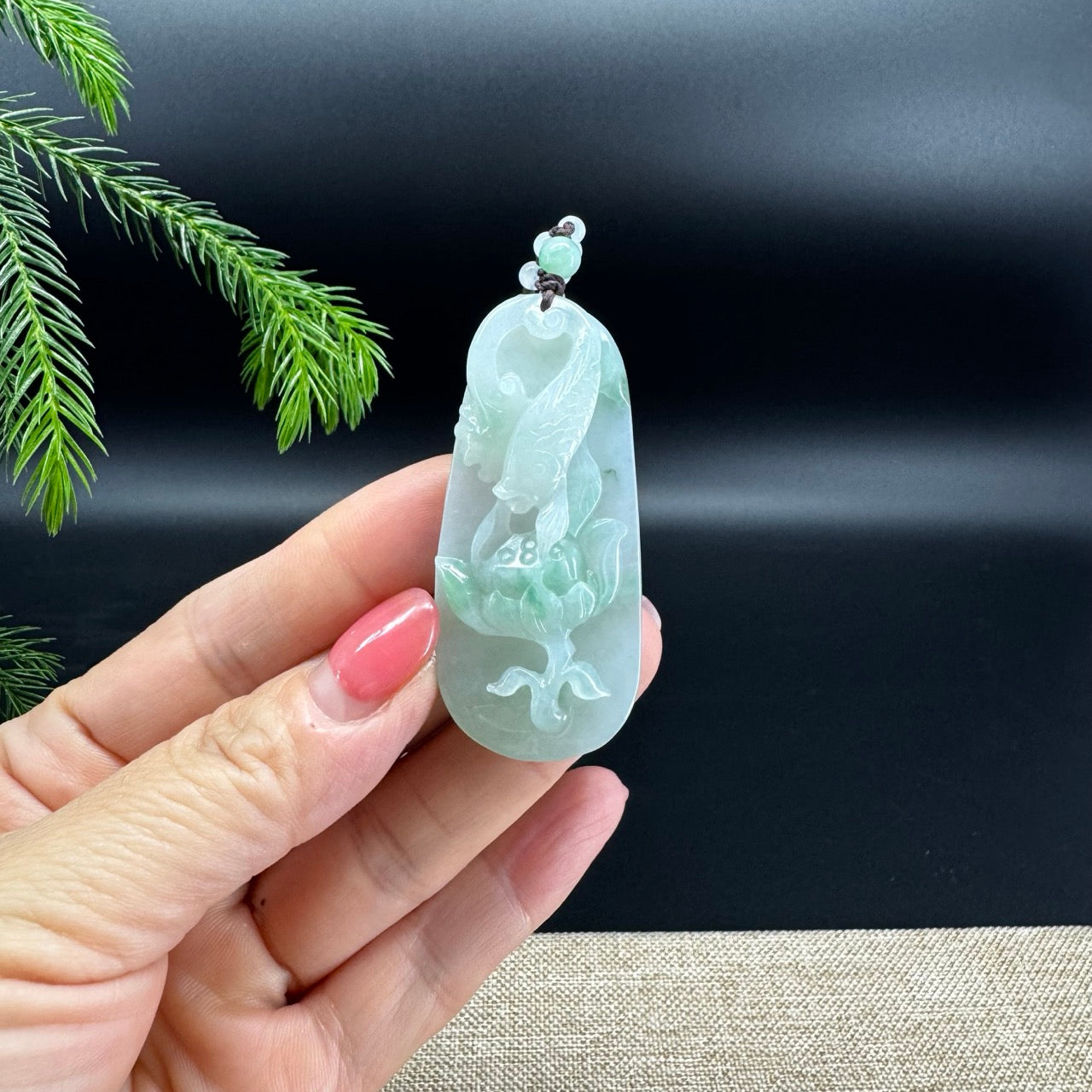 RealJade® Co.  Genuine Burmese Jadeite Jade  Fish and Lotus Pendant Necklace