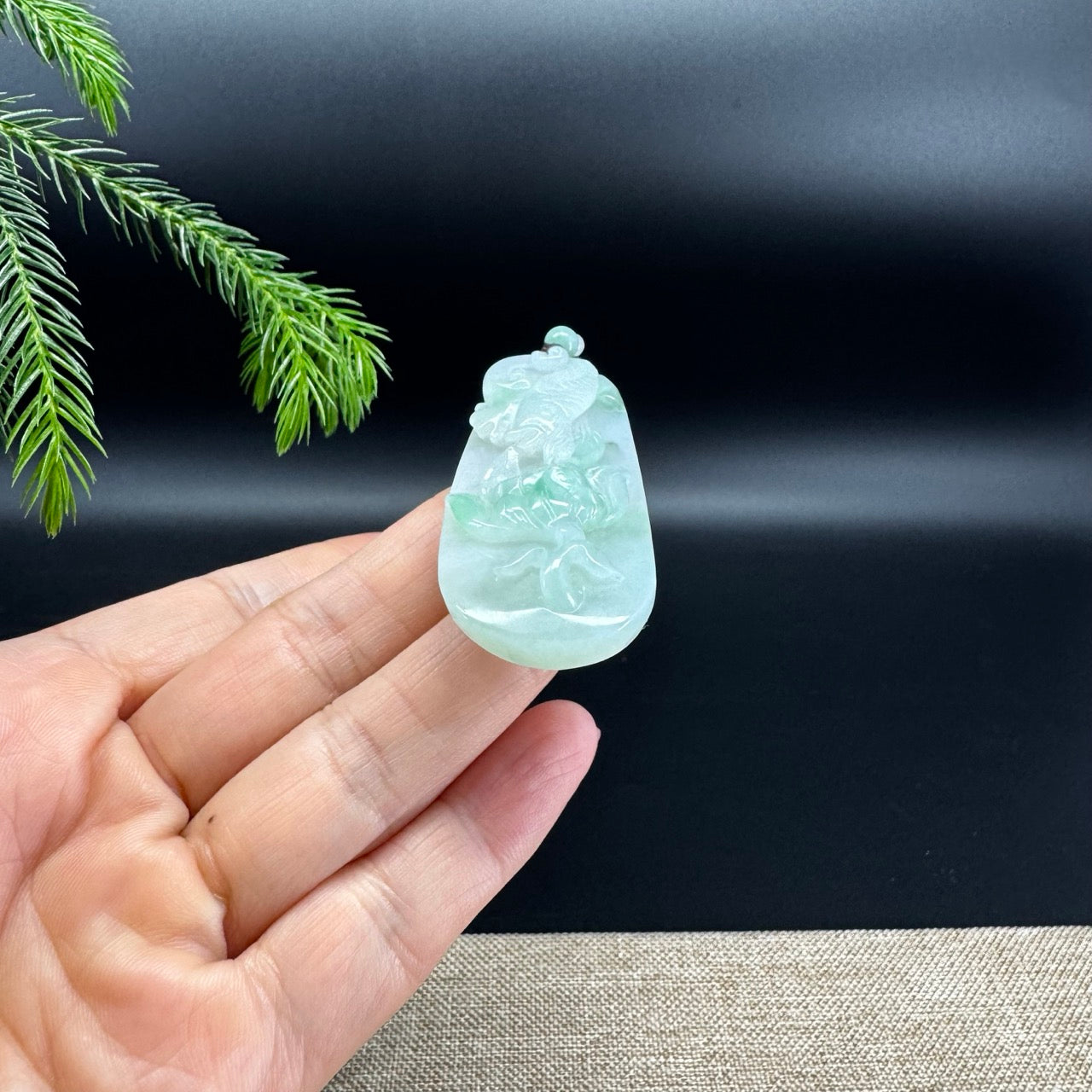 RealJade® Co.  Genuine Burmese Jadeite Jade  Fish and Lotus Pendant Necklace