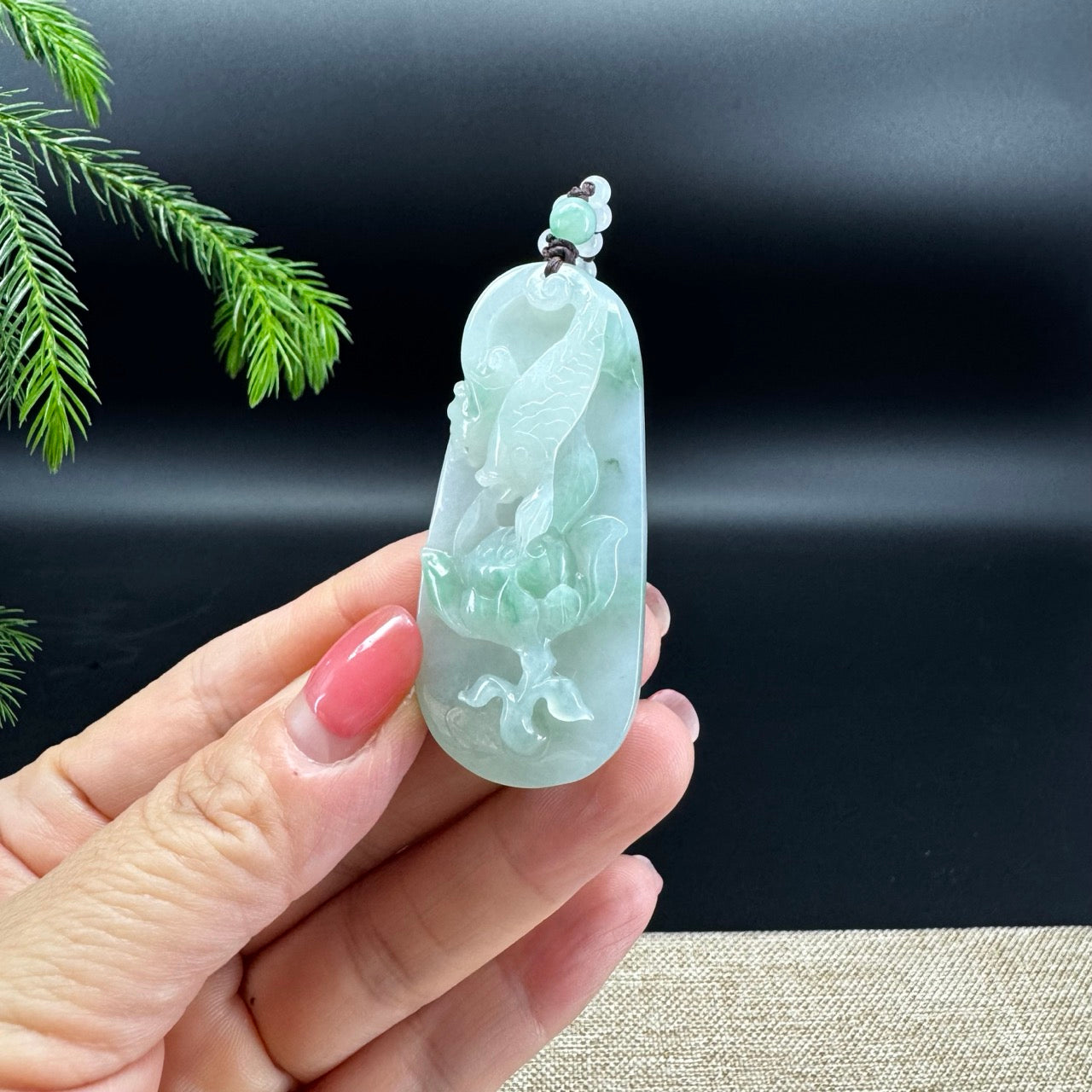 RealJade® Co.  Genuine Burmese Jadeite Jade  Fish and Lotus Pendant Necklace