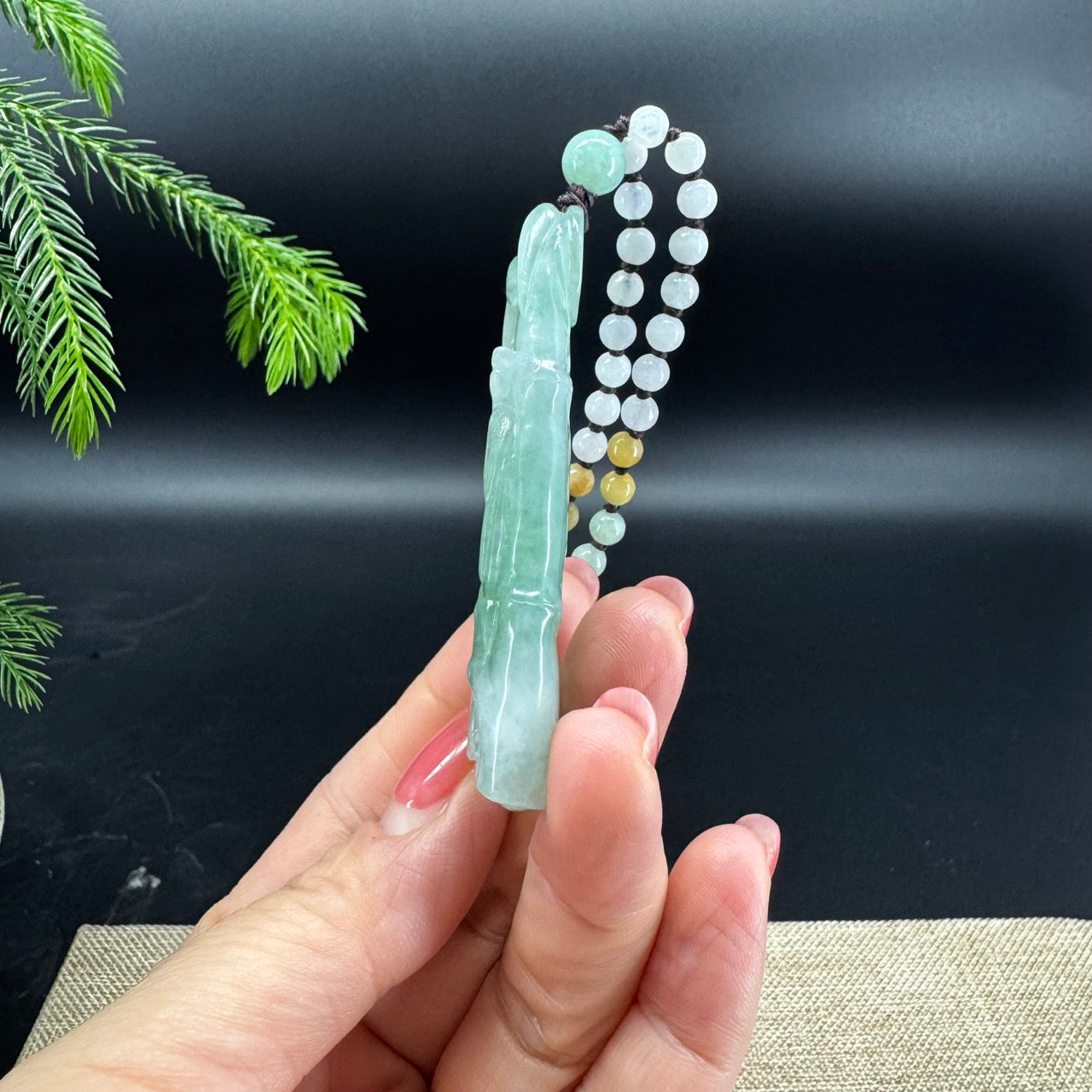 RealJade® Co.Natural Blue Green Jadeite Jade Bamboo Pendant