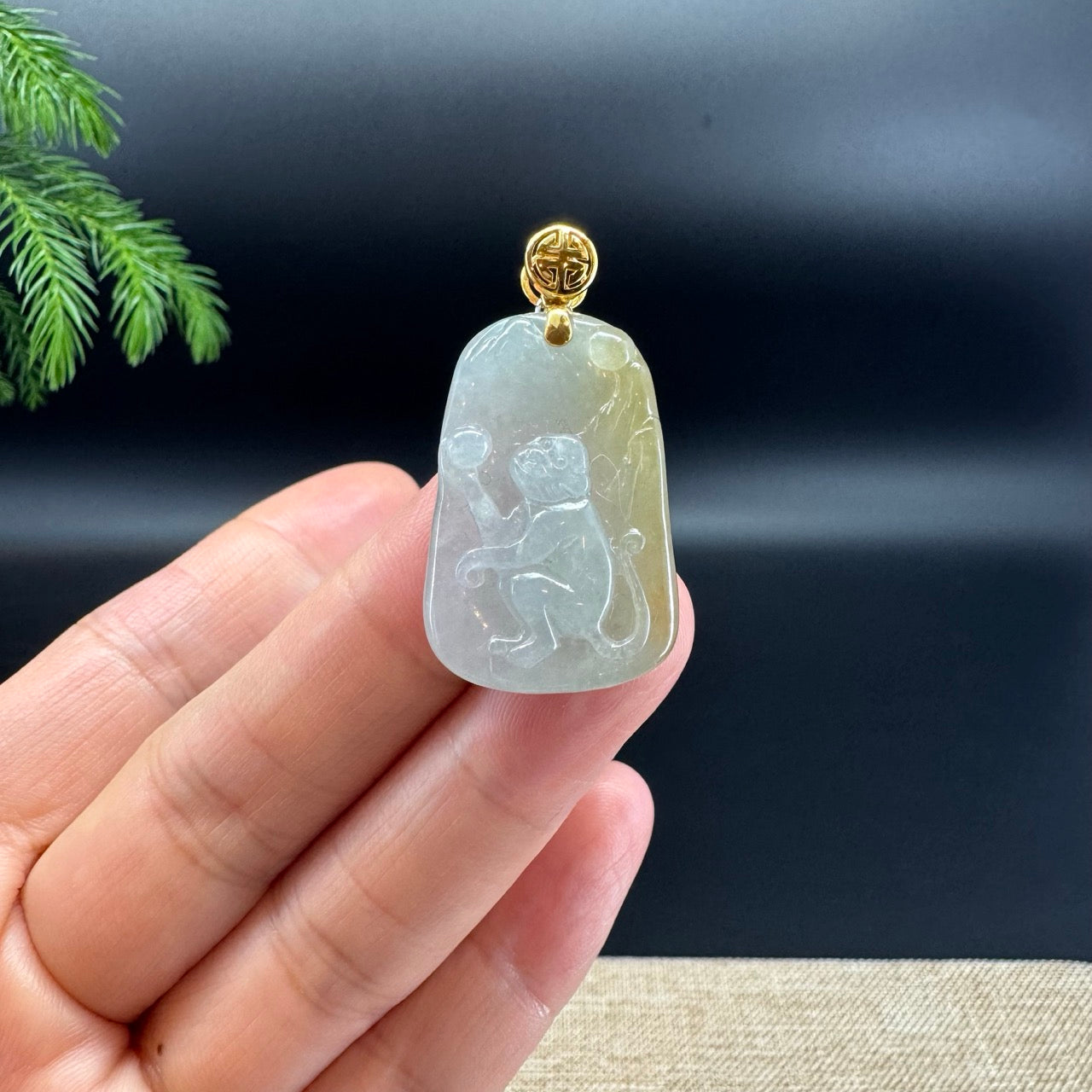 RealJade® co.: 18k Yellow Gold Natural Yellow Green Jadeite Jade Monkey Pendant Necklace