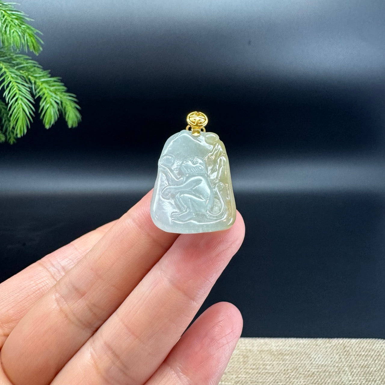 RealJade® co.: 18k Yellow Gold Natural Yellow Green Jadeite Jade Monkey Pendant Necklace