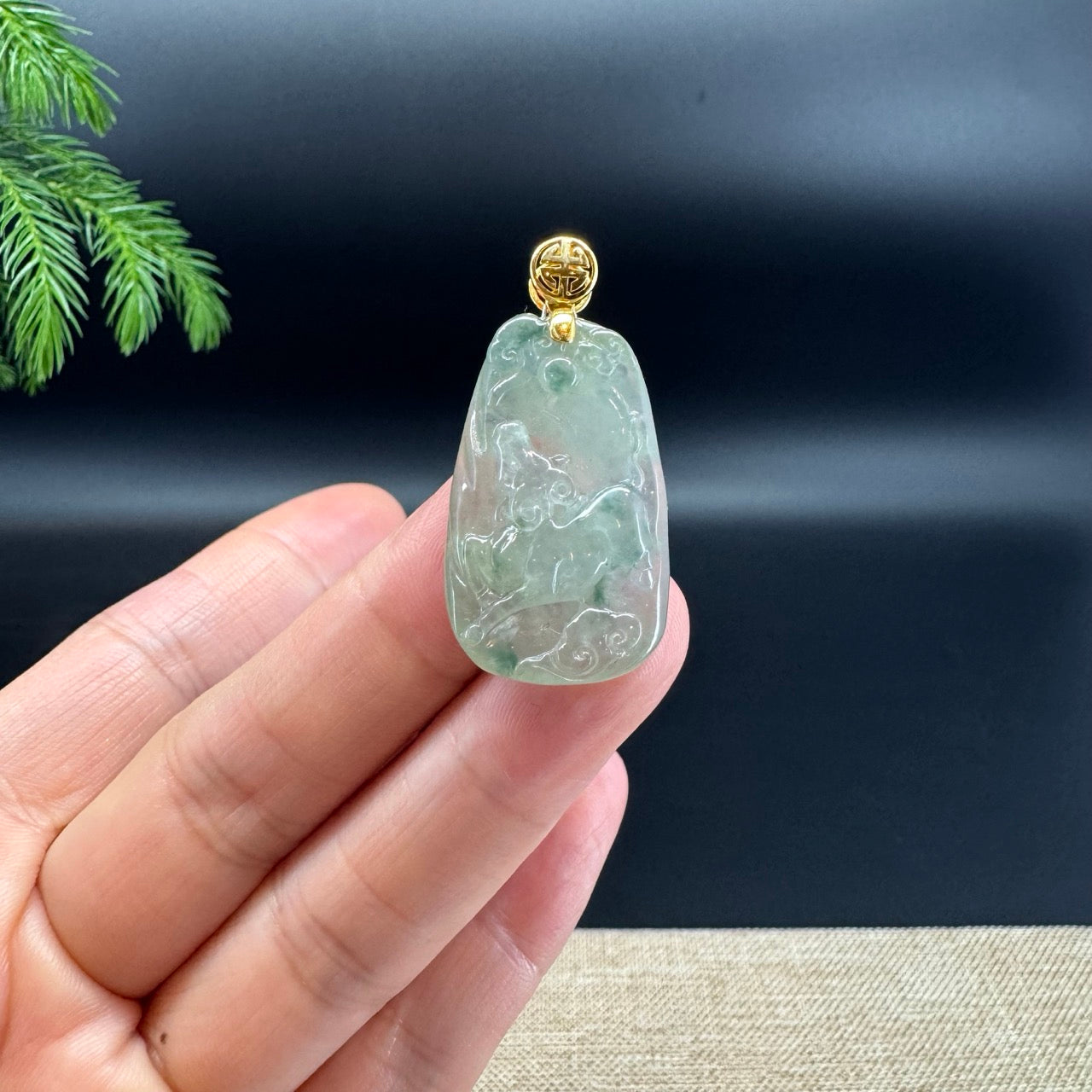 RealJade® co.: 18k Yellow Gold Natural Icy Green Jadeite Jade Ox Pendant Necklace