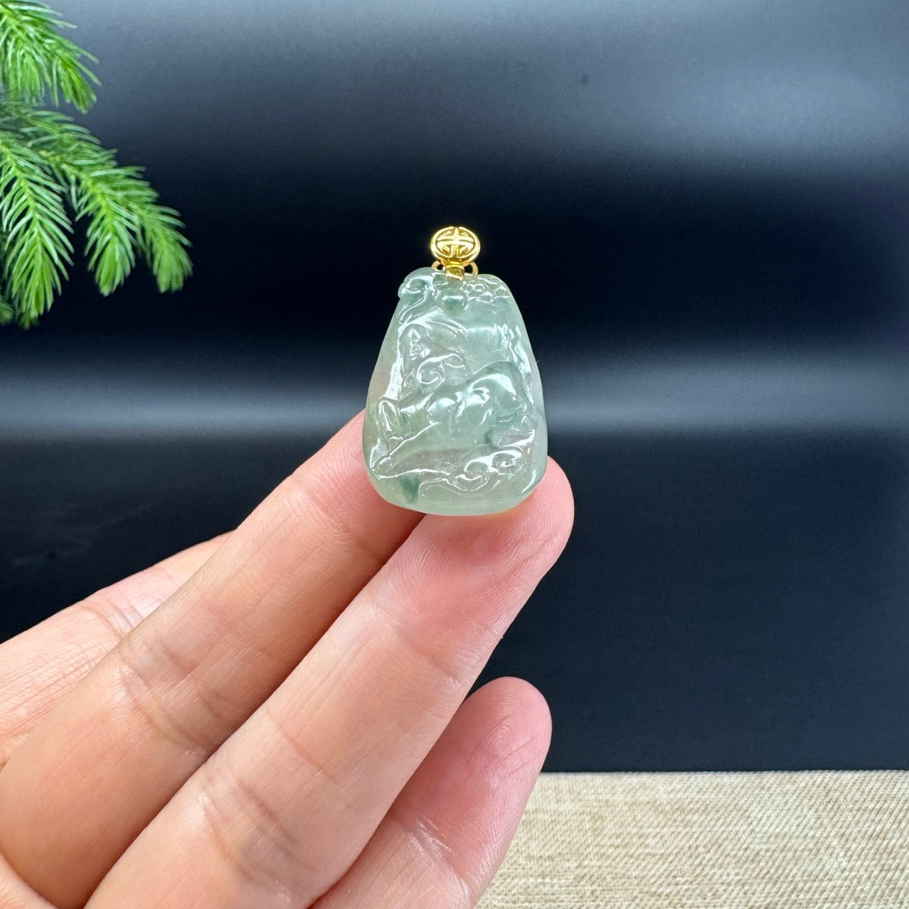 RealJade® co.: 18k Yellow Gold Natural Icy Green Jadeite Jade Ox Pendant Necklace