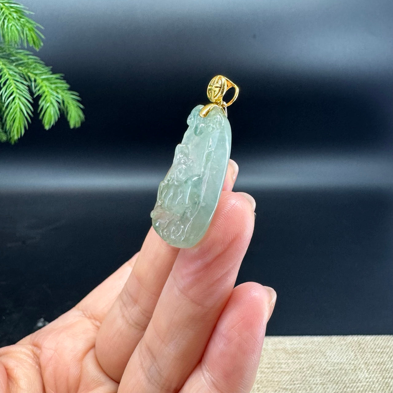 RealJade® co.: 18k Yellow Gold Natural Icy Green Jadeite Jade Ox Pendant Necklace