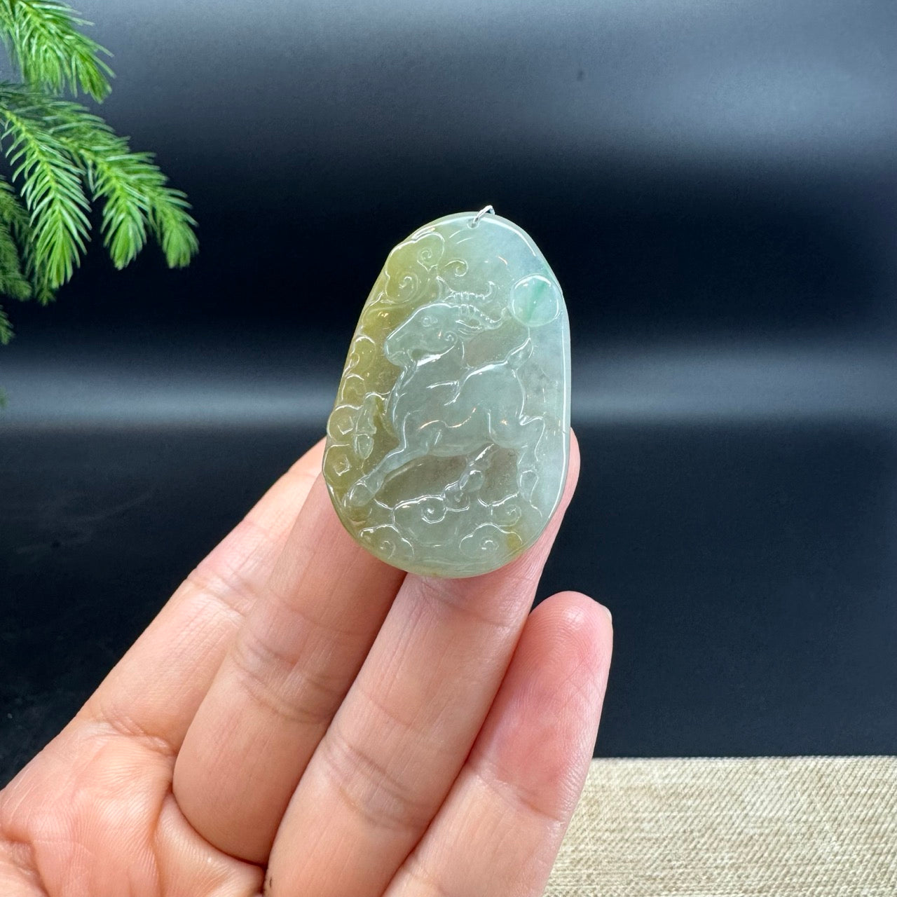 RealJade® Co.Natural Yellow Green Jadeite Jade Goat Necklace