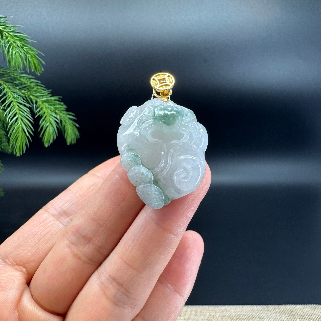 RealJade® Co. 18K Yellow Gold Genuine White Green Jadeite Jade Crab Necklace