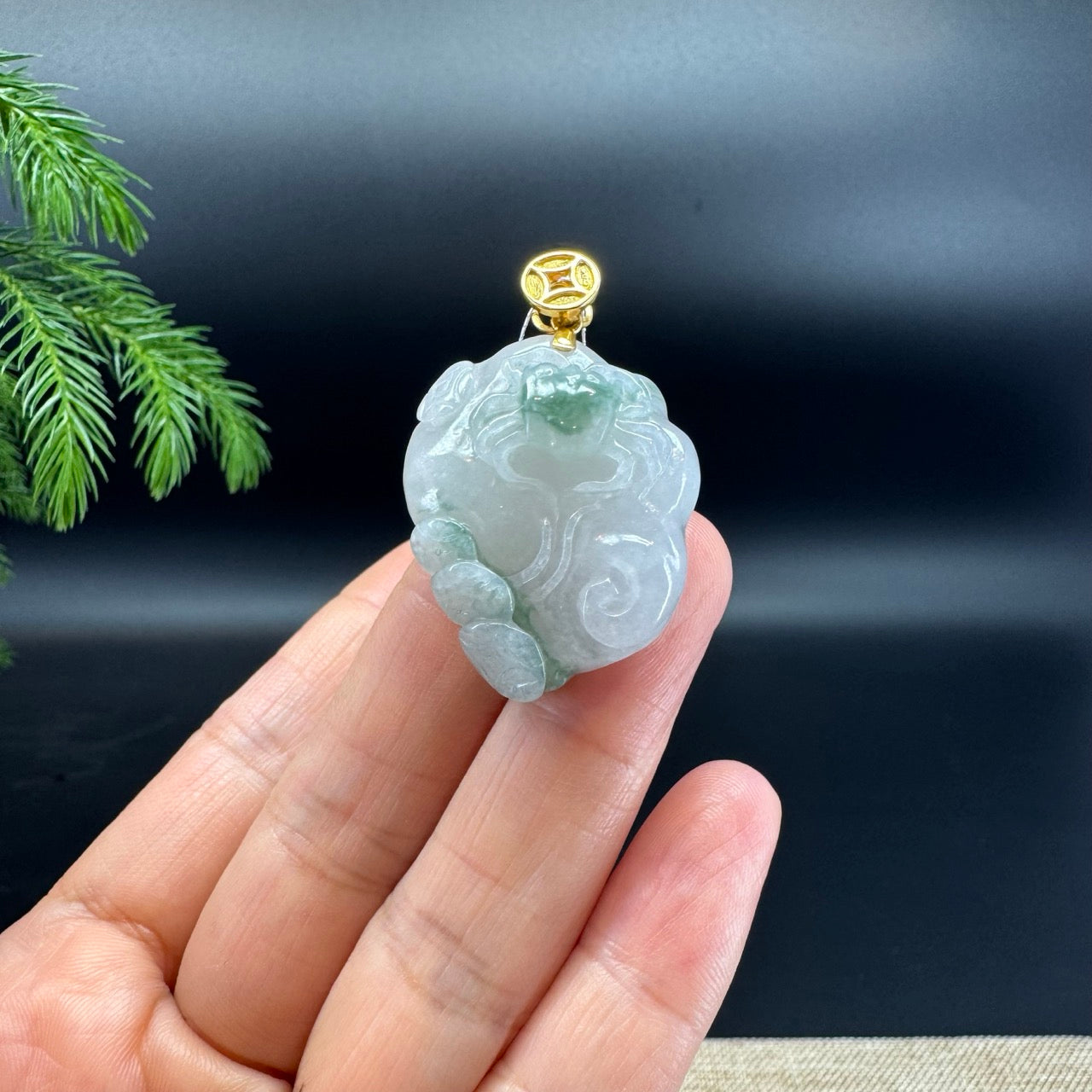 RealJade® Co. 18K Yellow Gold Genuine White Green Jadeite Jade Crab Necklace