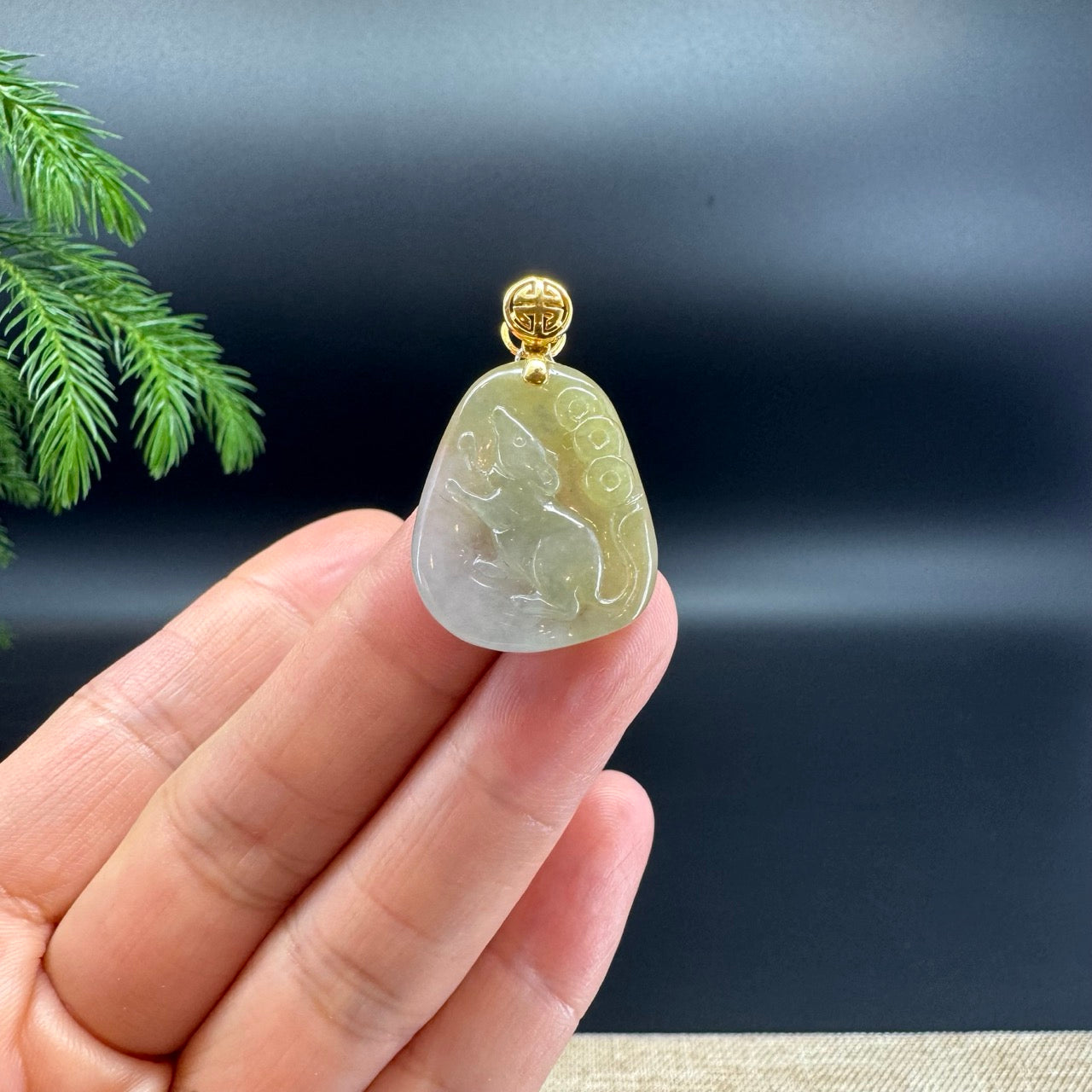 RealJade® co.: 18k Yellow Gold Natural Yellow Green Jadeite Jade Rat Pendant Necklace